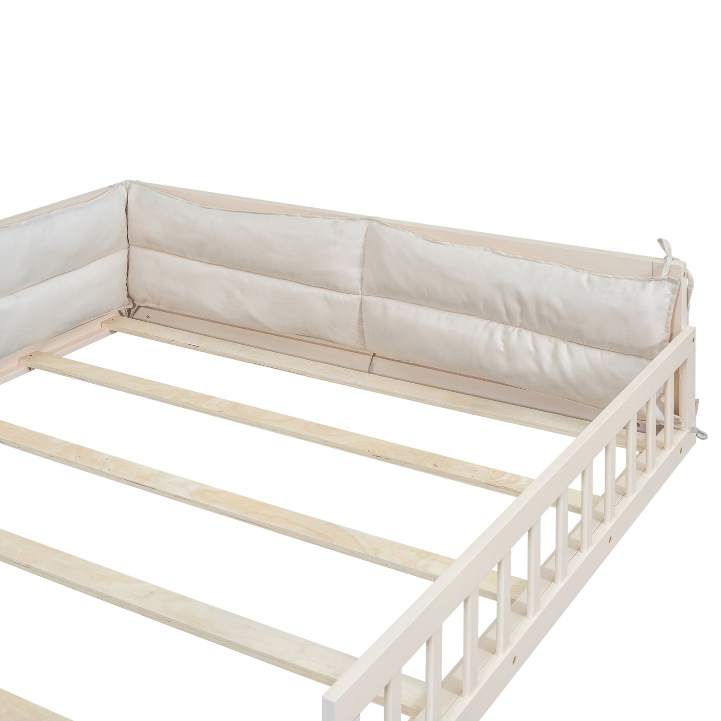 Full Size Floor Bed with Guardrail, Full Upholstered Platform Bed Frame for Kids, Boys Girls, Slats Included, No Box Spring Needed, Easy Assemble