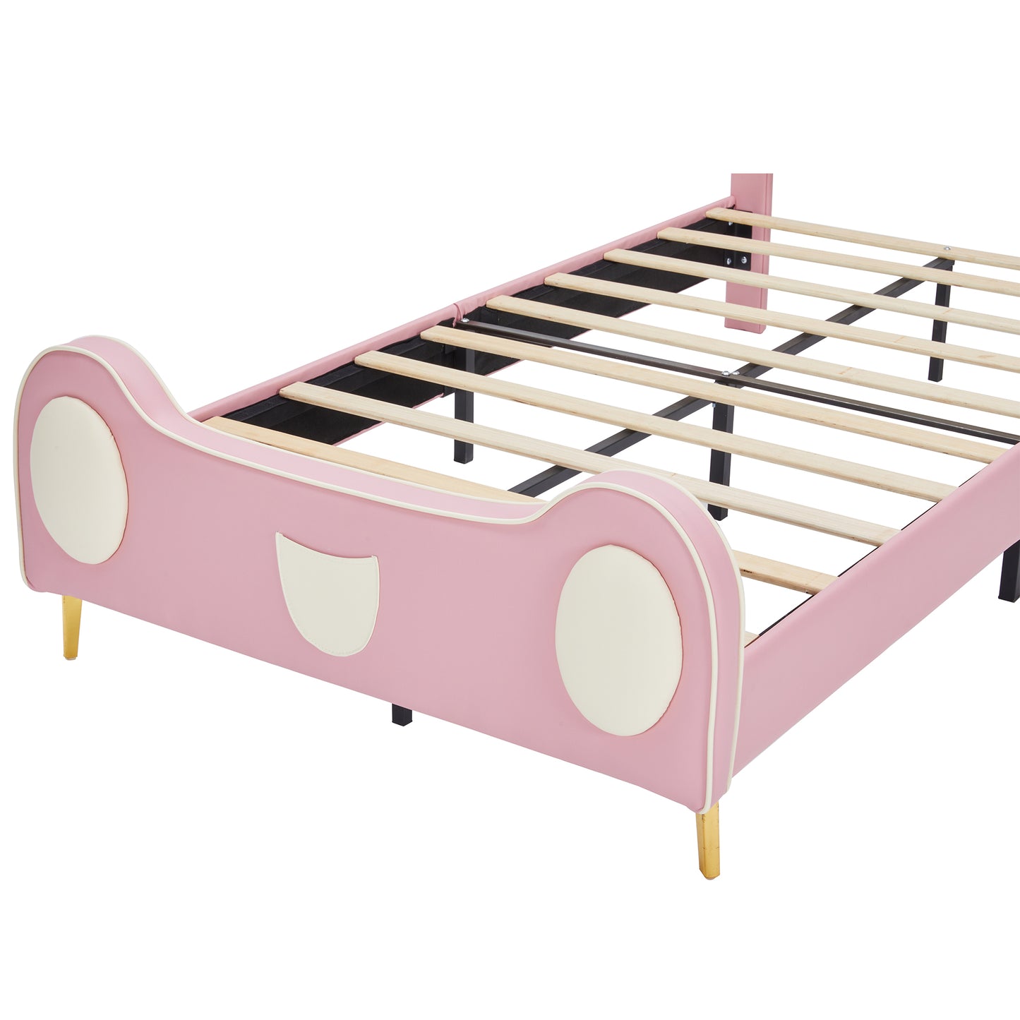 Princess Bed with Crown Headboard, PU Upholstered Platform Bed , Twin Size Bed Frame with Bed-End Storage Pocket for Kids Girl, No Spring Box Needed