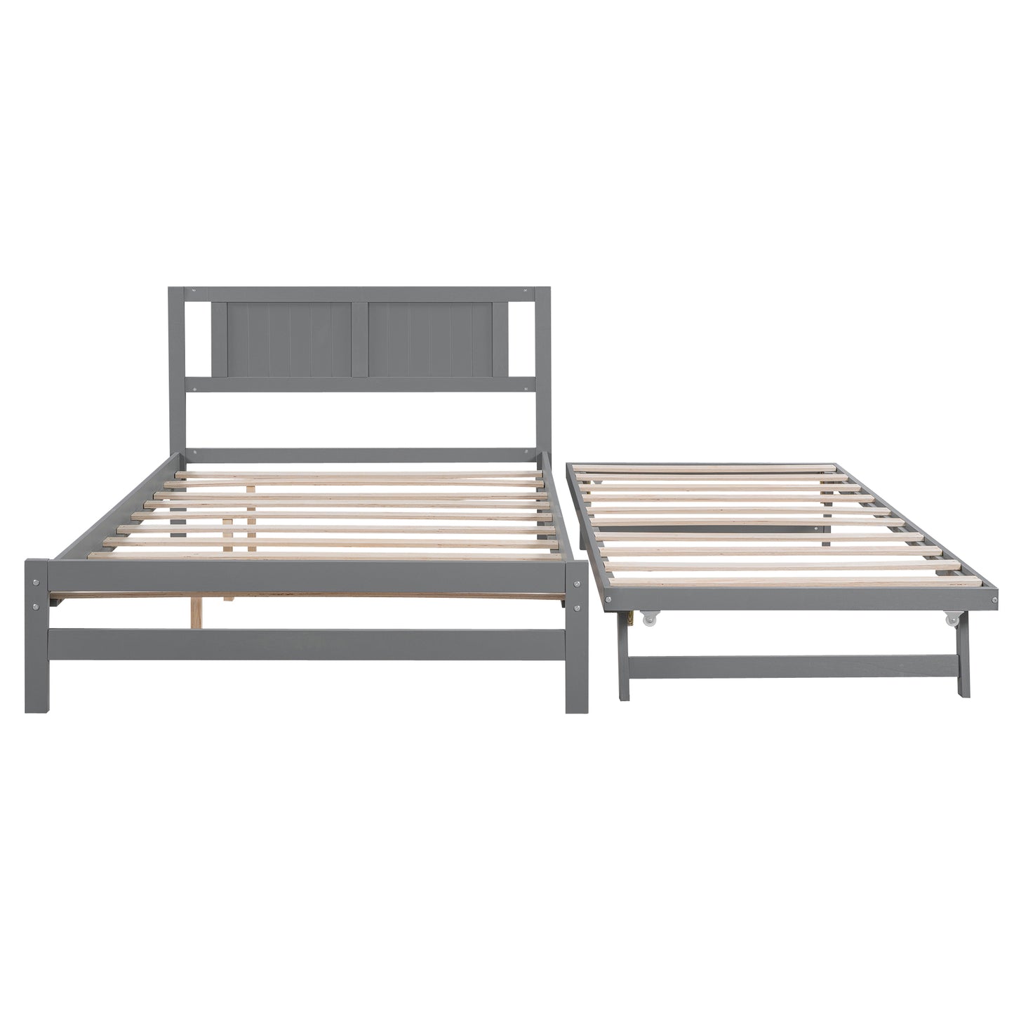 Full Size Wood Platform Bed with Adjustable Trundle and Headboard, Strong Wood Slat Support, Trundle Platform Bed, No Spring Box Needed