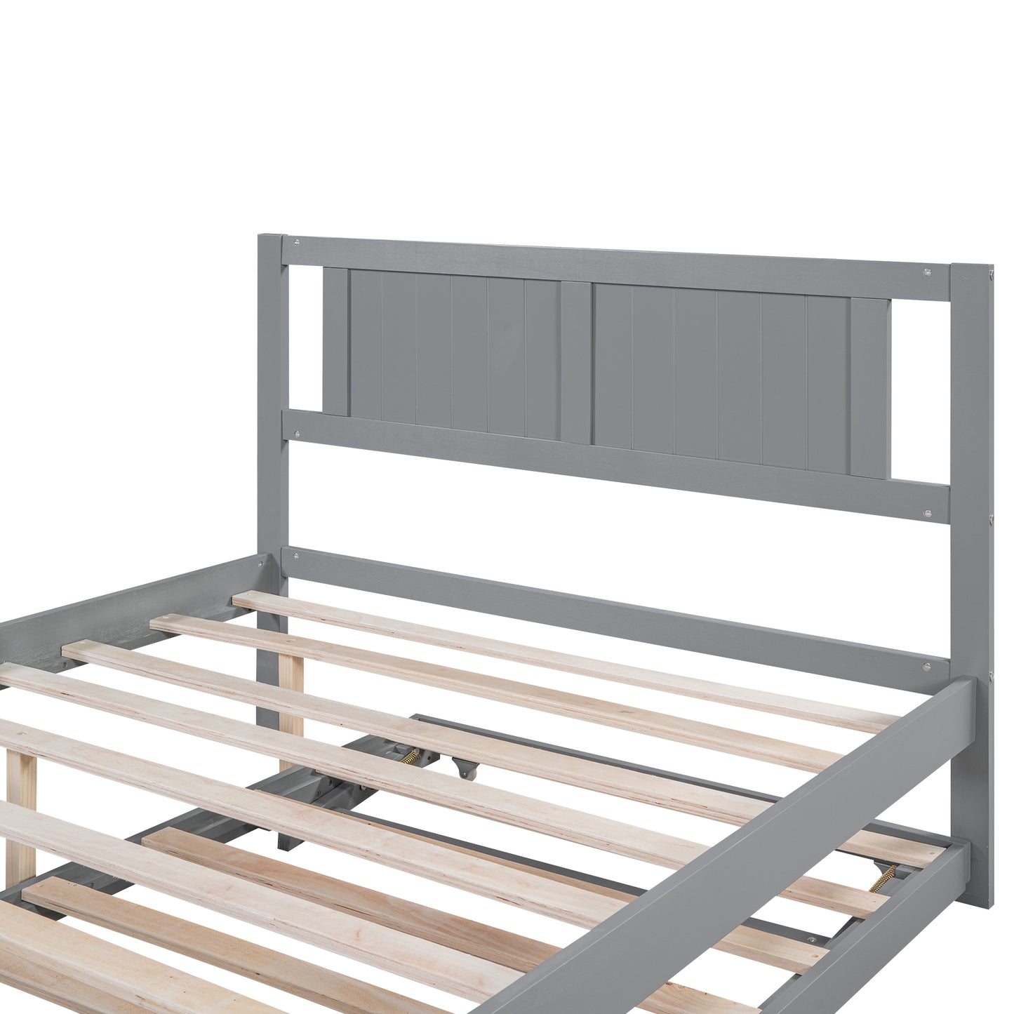 Full Size Wood Platform Bed with Adjustable Trundle and Headboard, Strong Wood Slat Support, Trundle Platform Bed, No Spring Box Needed