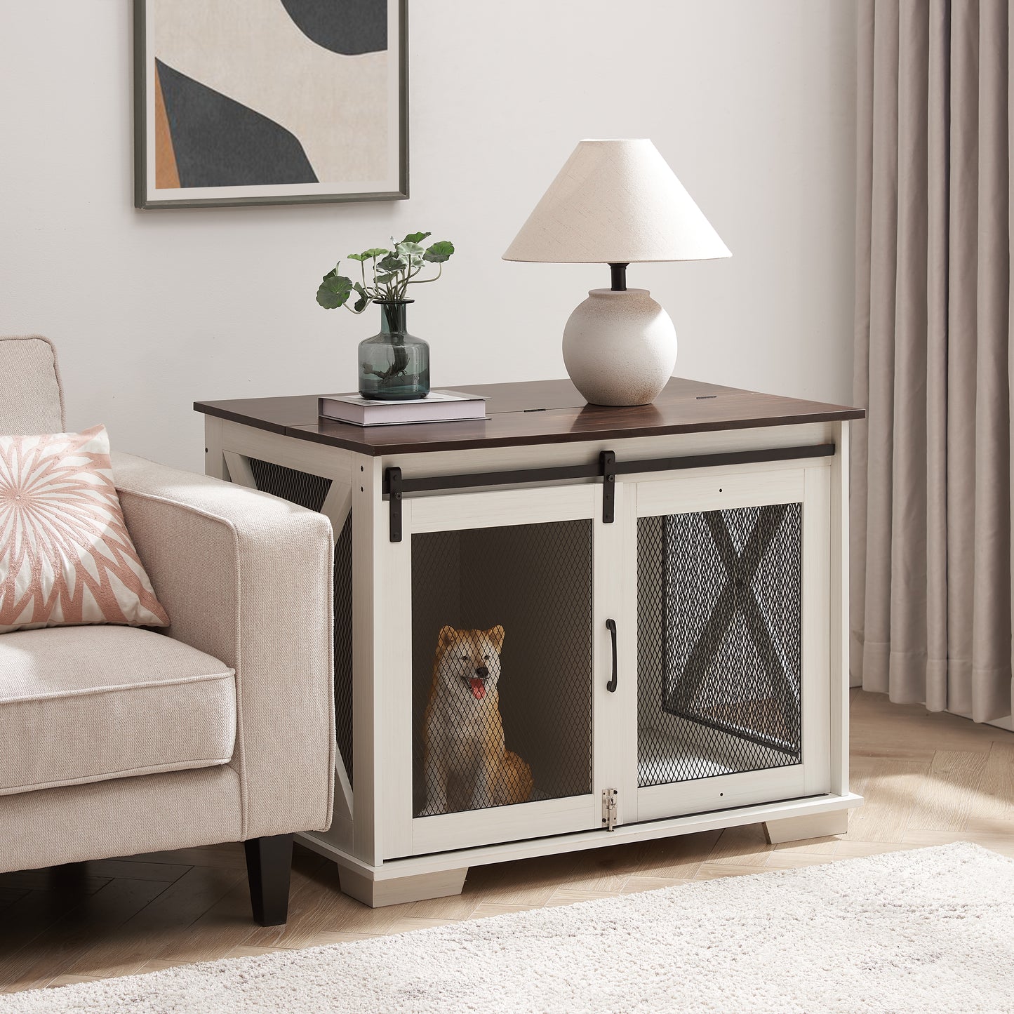 Farmhouse Dog Cage Crate Furniture with Sliding Barn Door, Farmhouse Wooden Dog Kennel End Table with Flip-top Plate Dog House with Detachable Divider for Small/Medium/Large Dog White