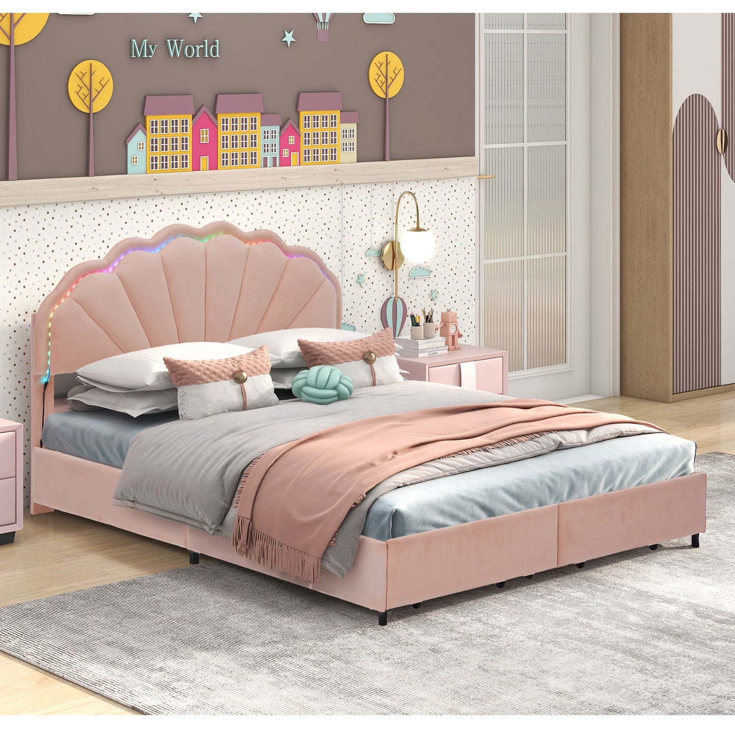 Full Size Upholstered Smart LED Bed Frame with 2 Storage Drawers and Chic Double Petal Headboard , Princess Platform Bed for Girls, No Box Spring Needed