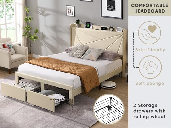 KELESY Bed Frame with 2 Storage Drawers, Upholstered Bed Frame with Wingback Headboard Storage Shelf Built-in USB Charging Stations and Strong Wood Slats Support, No Box Spring Needed