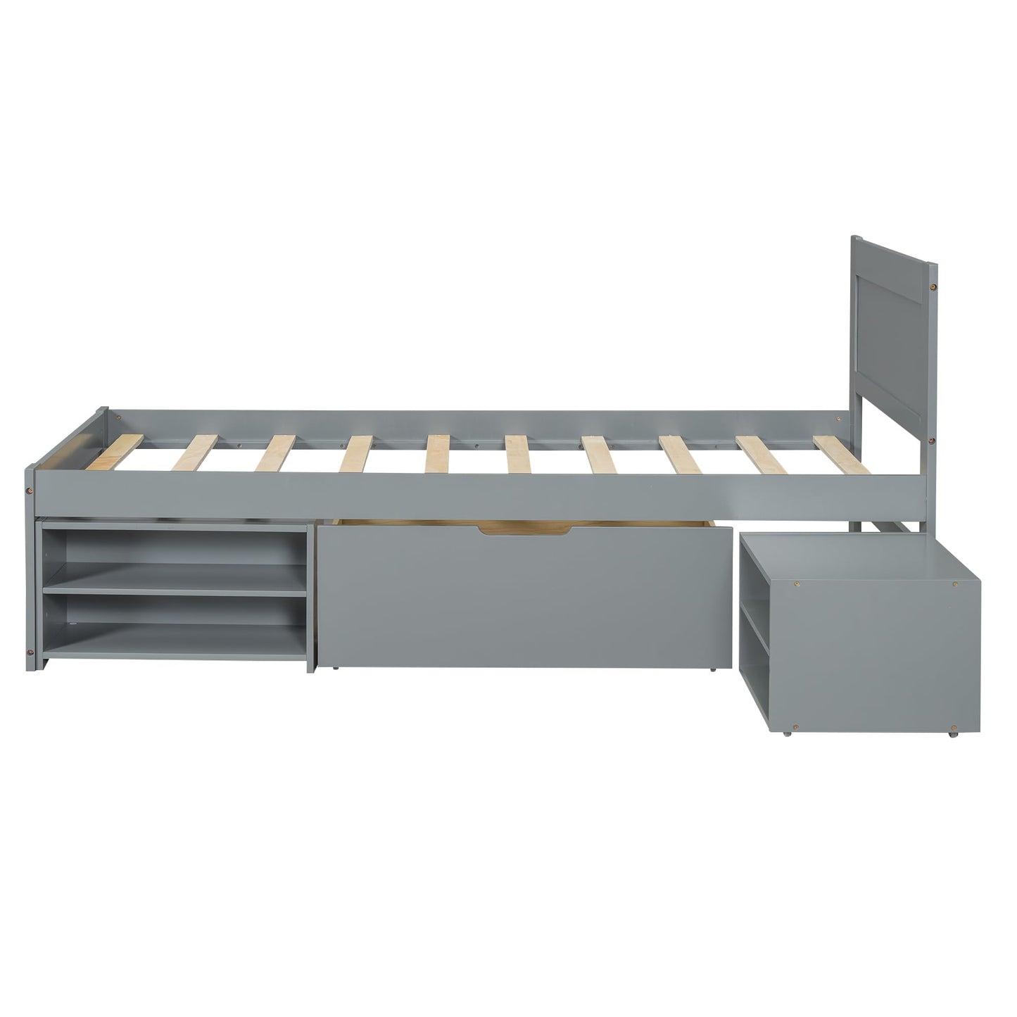 KELESY Bed Frame with 1 Drawer and 2 Double Storage Shelves, Wooden Platform Bedframe w/Headboard, Save Space, for Bedroom, Dorm, Small Space, No Spring Needed, Easy Assembly