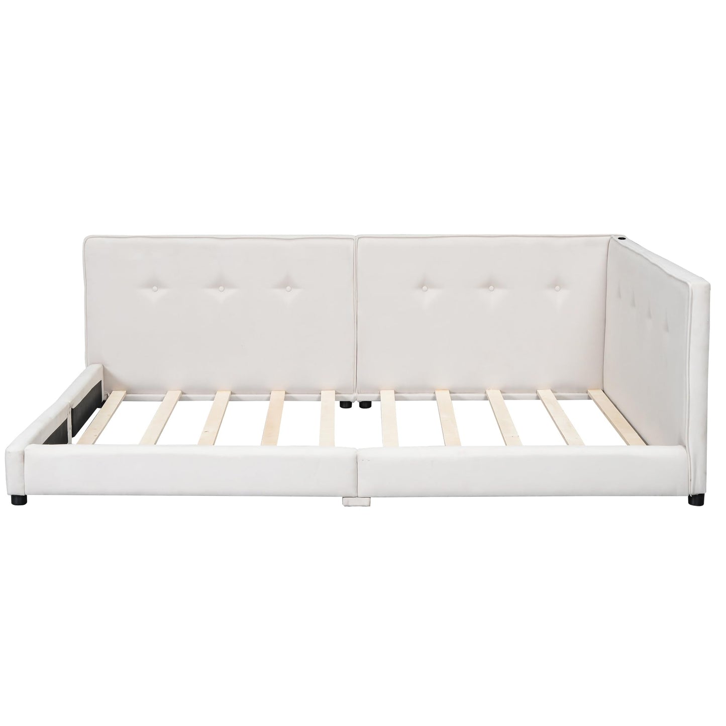 KELESY Daybed with Storage, Upholstered Corner Bed Frame with Drawers, Floor Bed Frame with USB Charging, L Shaped Bed Frame with Solid Slats Support for Teens Adults