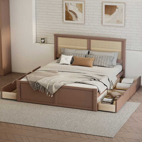 Bed Frame Rattan Headboard and 4 Storage Drawers, Strong Wooden Slats Support, Boho Cane Bed Mattress Foundation, No Box Spring Needed, Easy Assemble