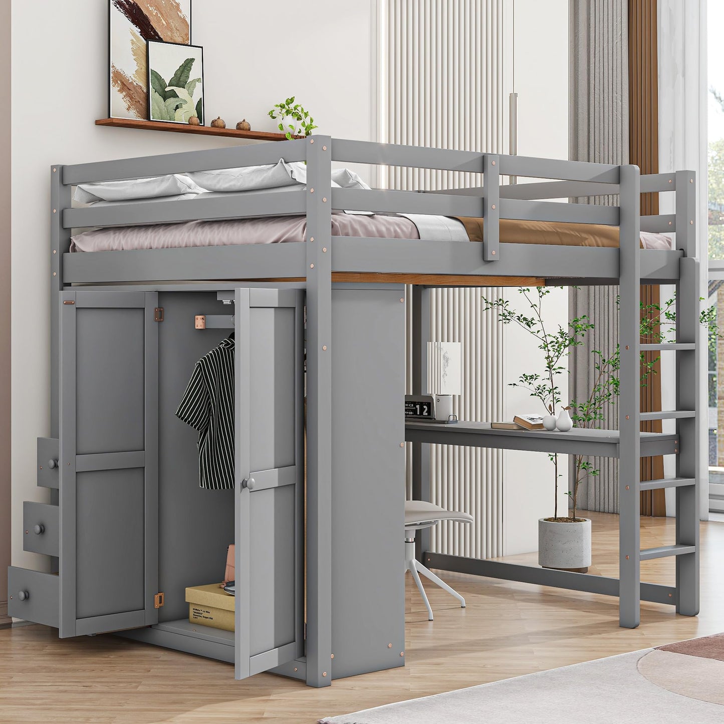 Wood Loft Bed with Built-in Wardrobe, Desk, Storage Shelves & Drawers – Full Size Loft Bed for Adults & Kids – Space-Saving Elevated Bed Frame with Safety Guardrails, Ideal for Bedrooms