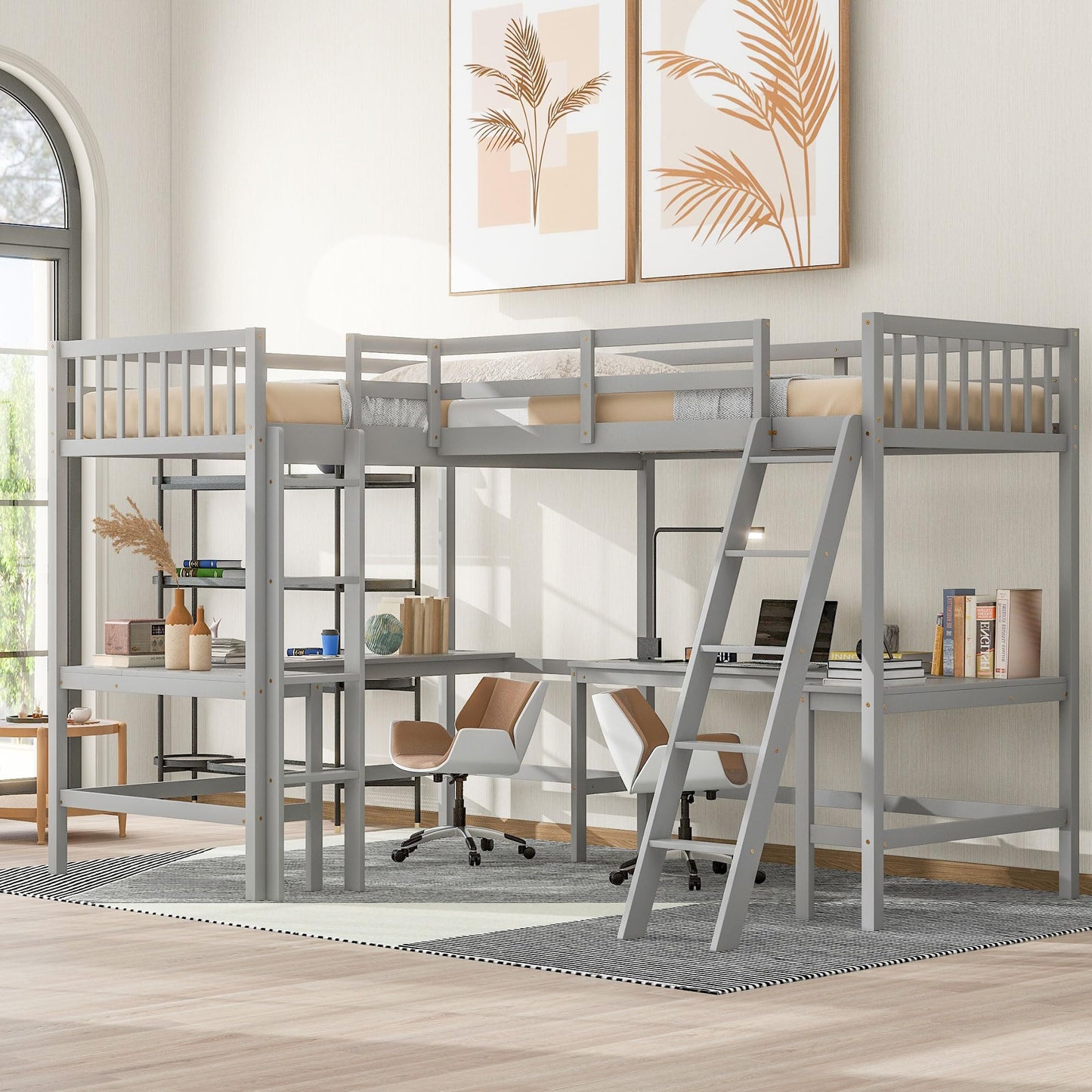 KELESY Wood Twin Size L-Shaped Loft Bed with Ladder and 2 Built-in L-Shaped Desks