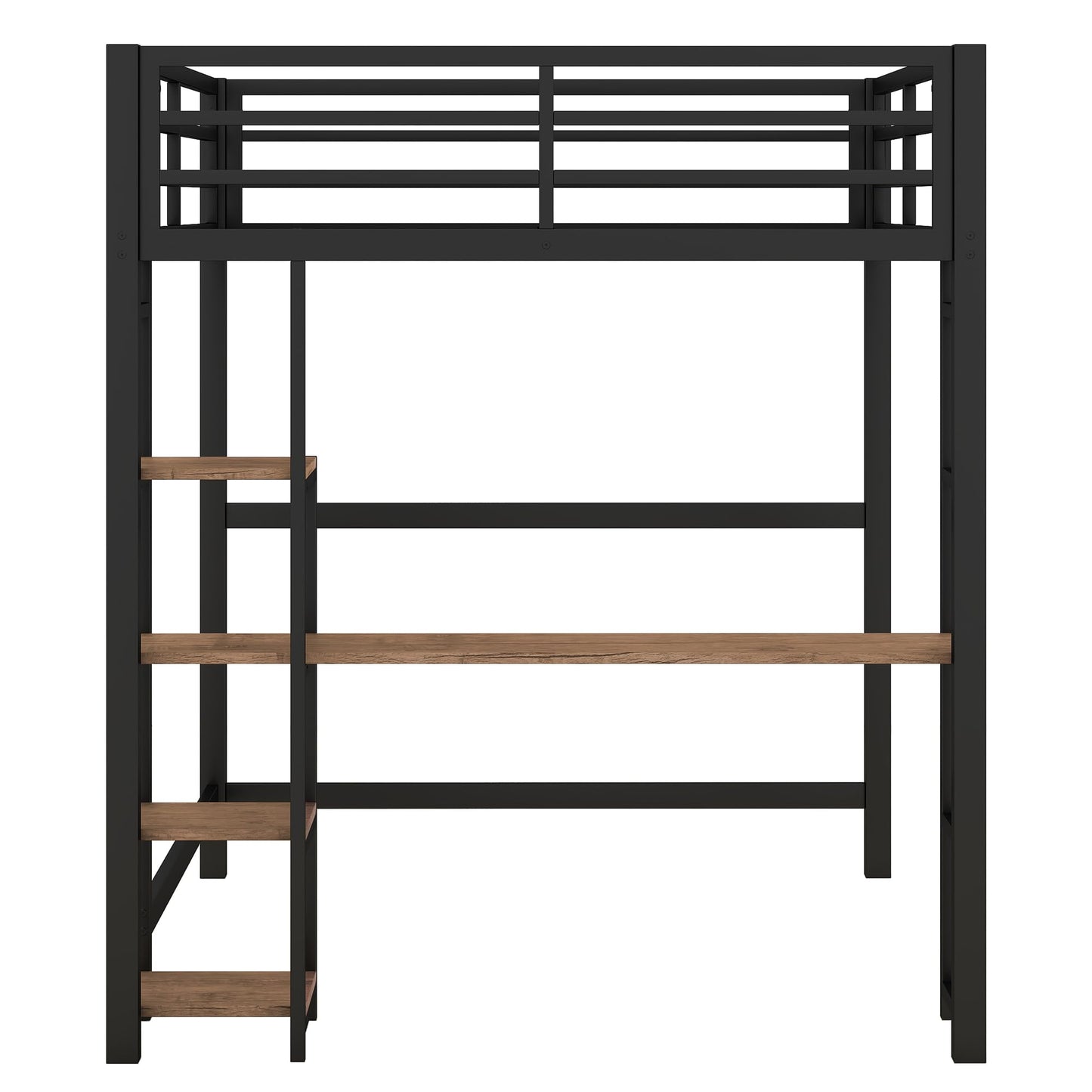 KELESY Full Size Metal Loft Bed with Built-in Desk and Storage Shelves, Black
