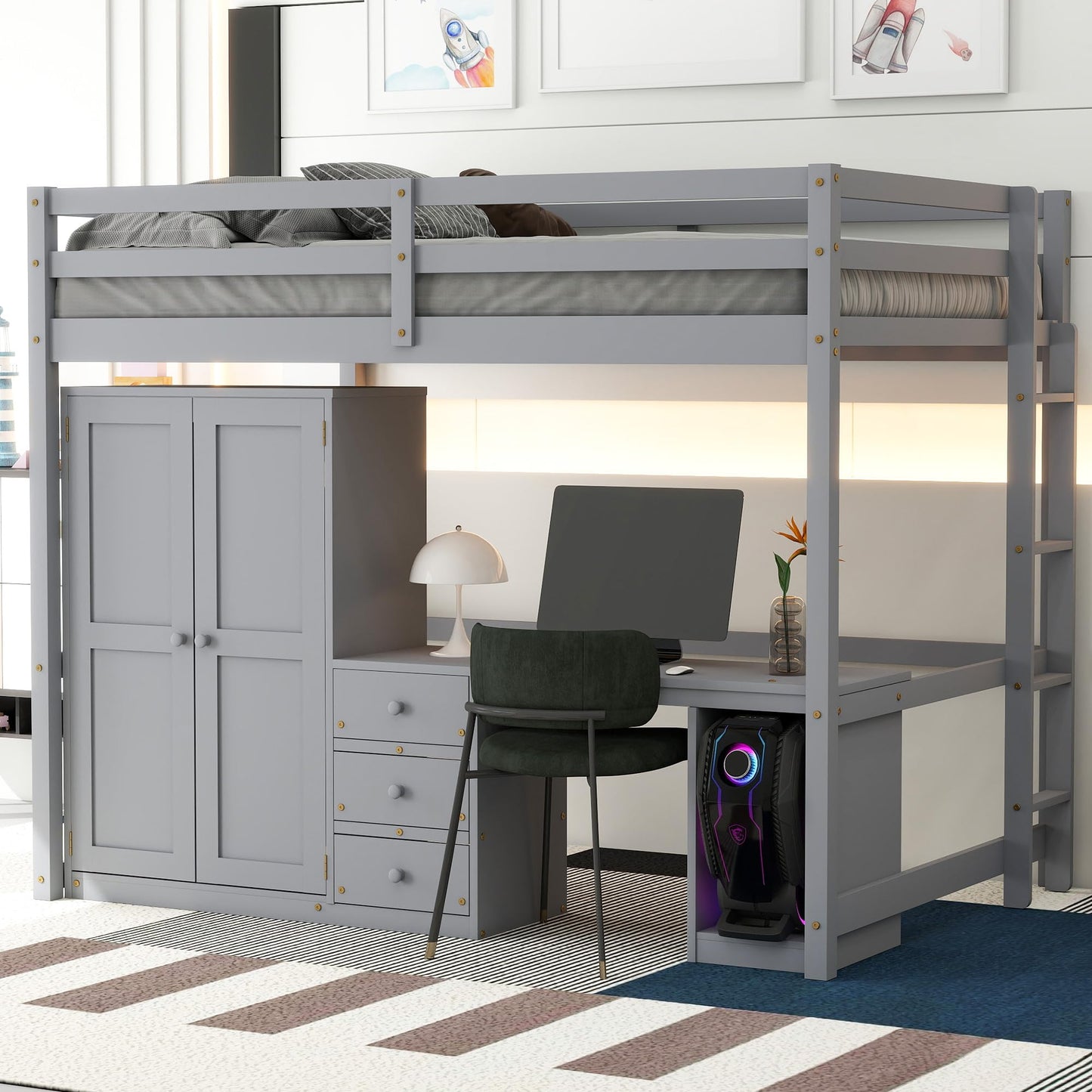 Loft Bed with Desk, Wardrobe, and Storage Drawers, Space-Saving Wooden Loft Bed Frame for Adults and Kids