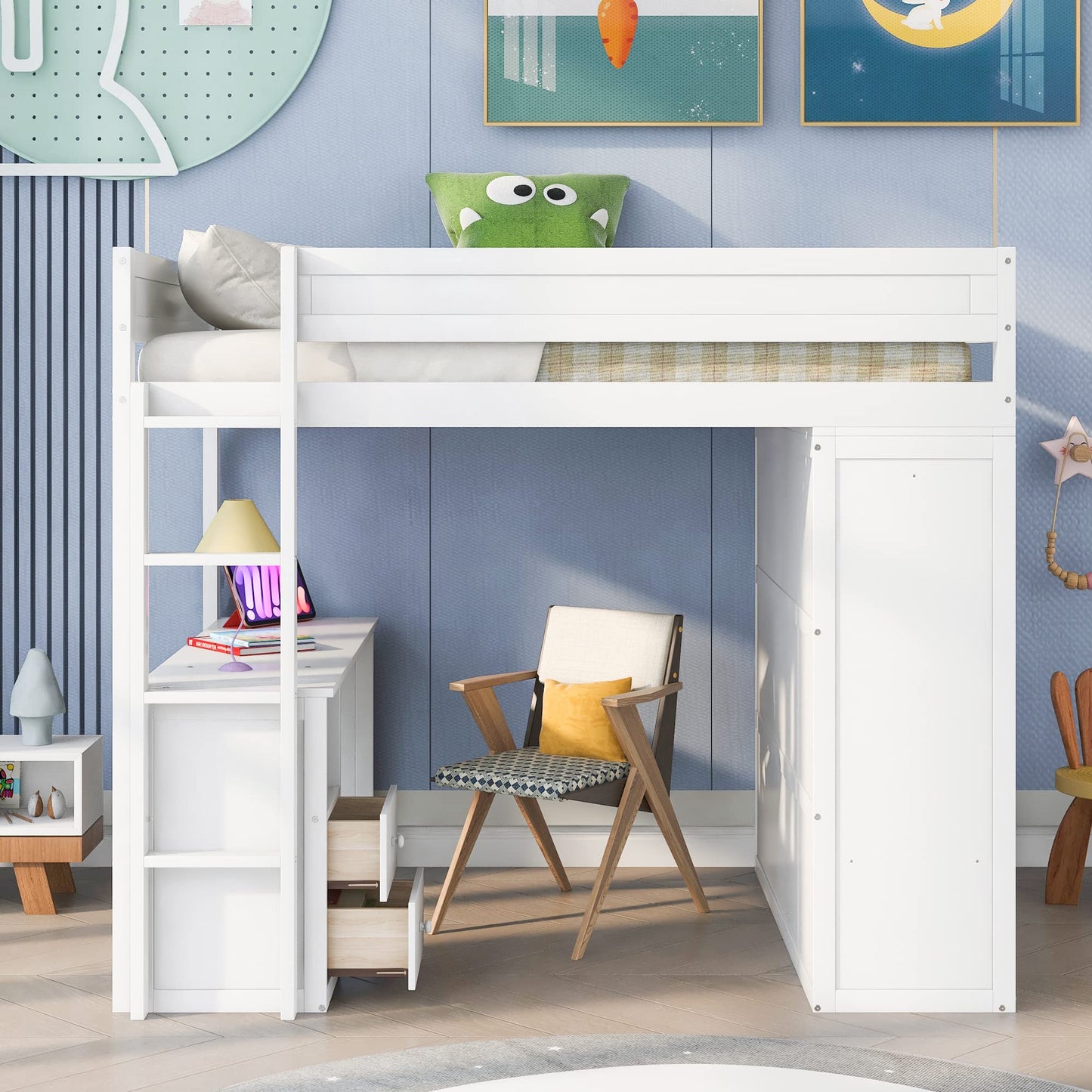 KELESY Wood Loft Bed with Desk, Wardrobe & Storage | Multi-Functional Loft Bed Frame for Adults & Teens