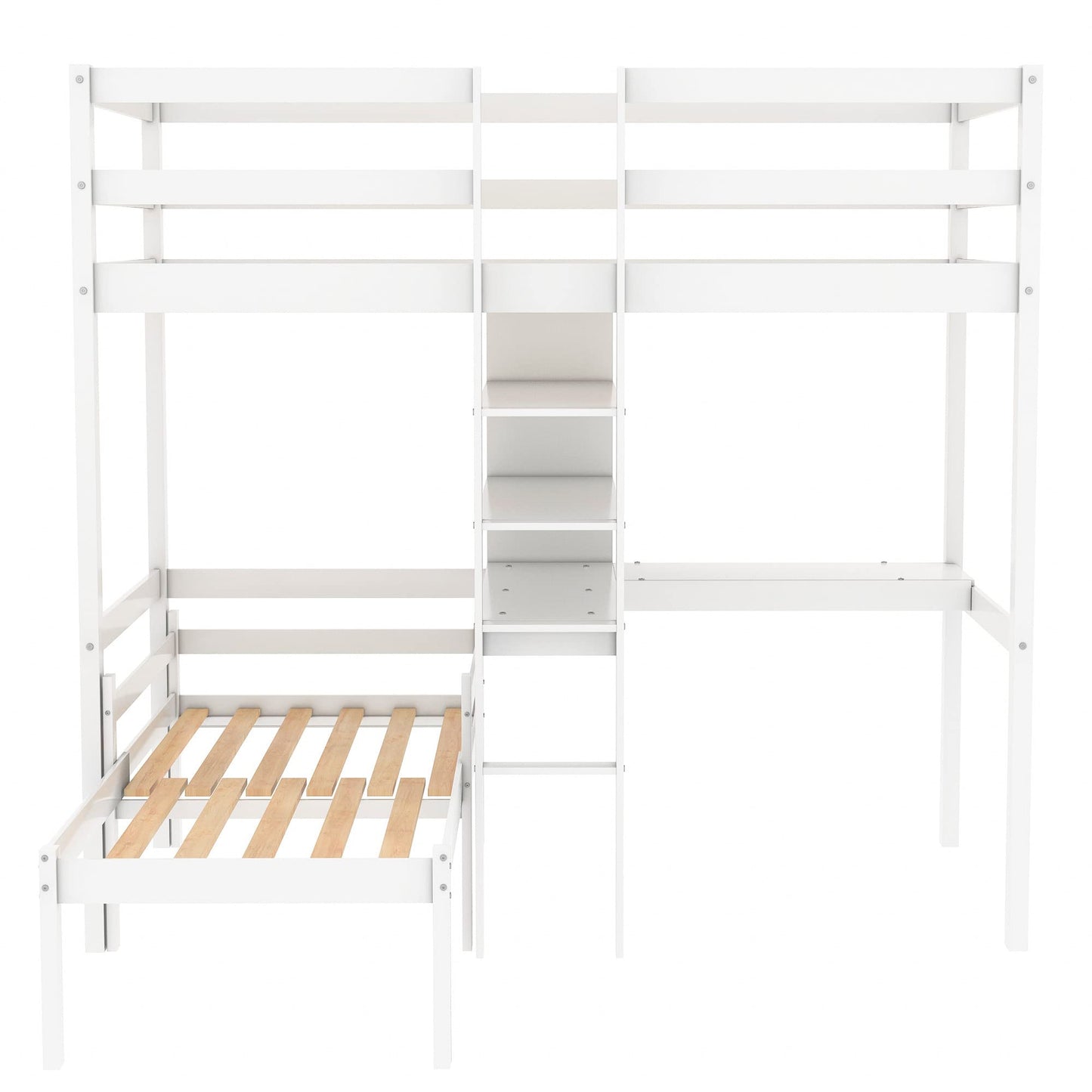 KELESY Convertible Loft Bed with L-Shape Desk, Twin Bunk Bed with Shelves and Ladder, White