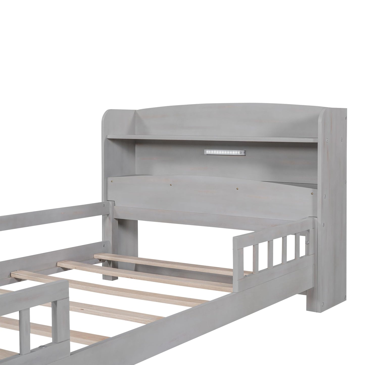 KELESY Bed Frame with Storage Headboard and Guardrail, LED Platform Bed Wood Frame, for Kids Teens Boys Girls, No Box Spring Needed, Easy Assembly