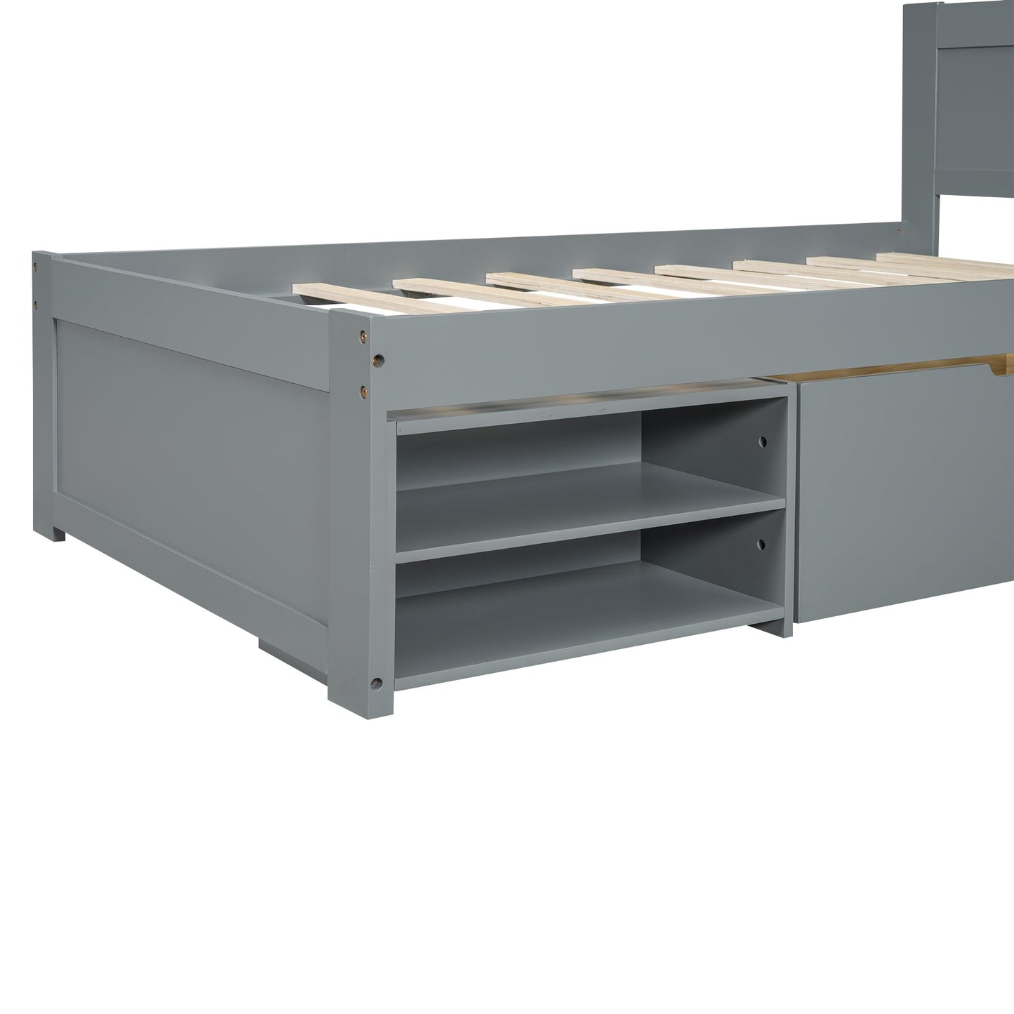 KELESY Bed Frame with 1 Drawer and 2 Double Storage Shelves, Wooden Platform Bedframe w/Headboard, Save Space, for Bedroom, Dorm, Small Space, No Spring Needed, Easy Assembly