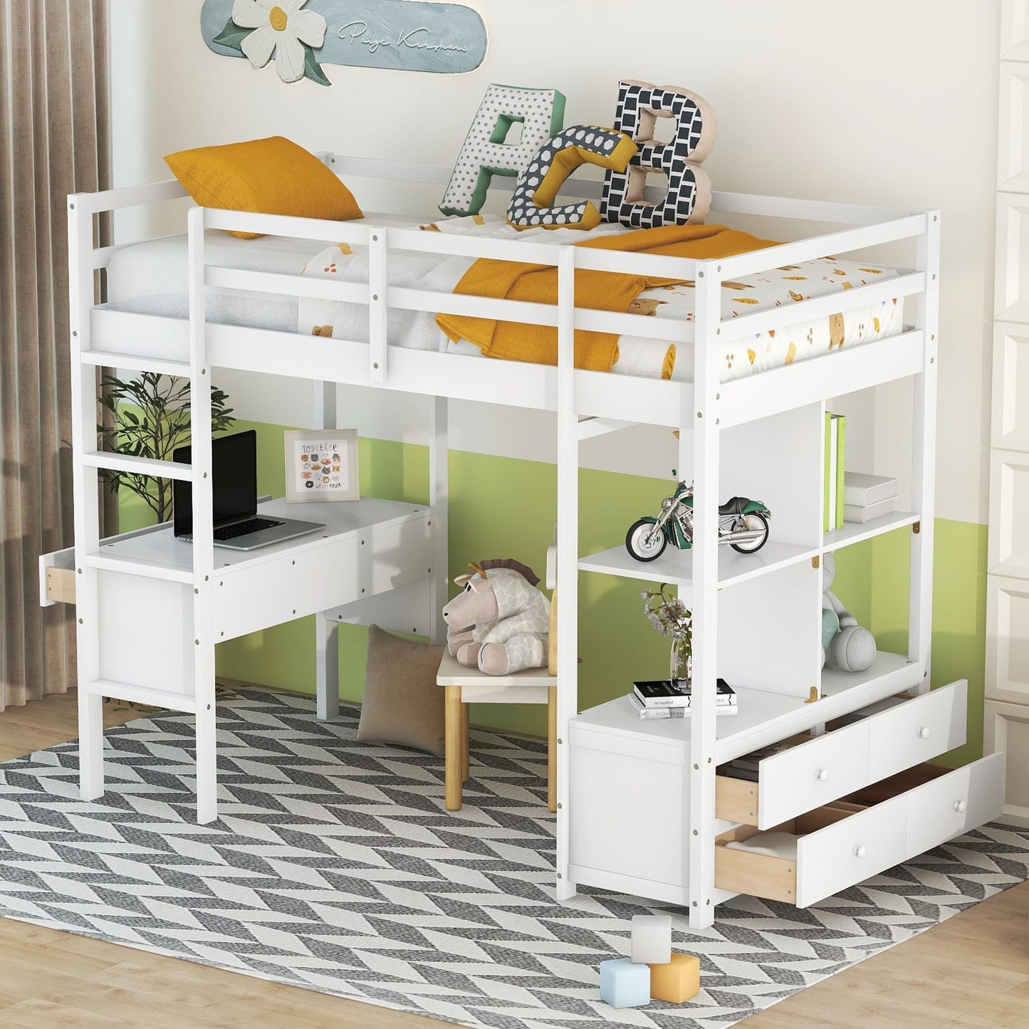 KELESY Loft Bed with Built-in Desk with Two Drawers and Storage Shelves and Drawers