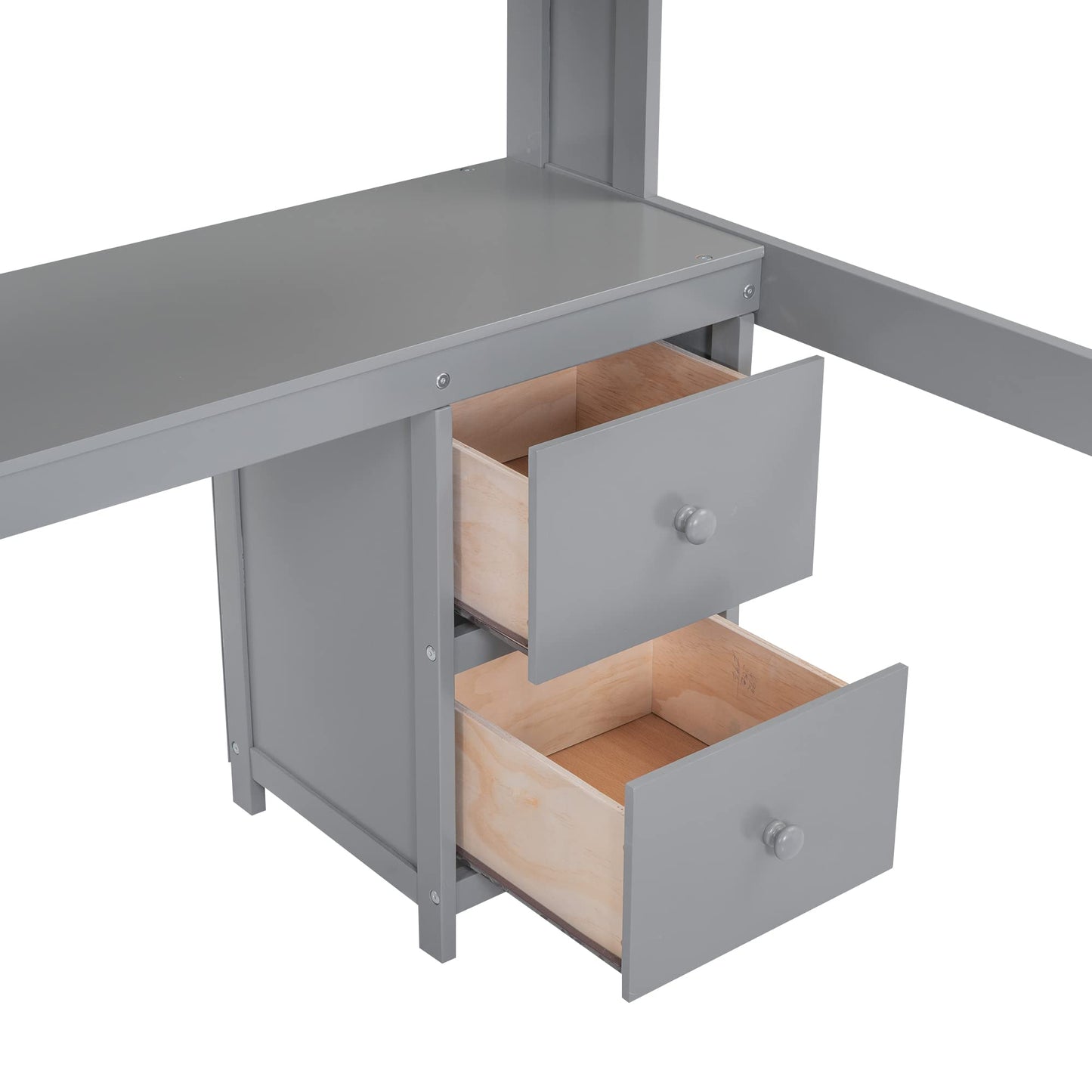 KELESY Full Size Loft Bed with Desk, Cabinets, Drawers and Bedside Tray, Charging Station