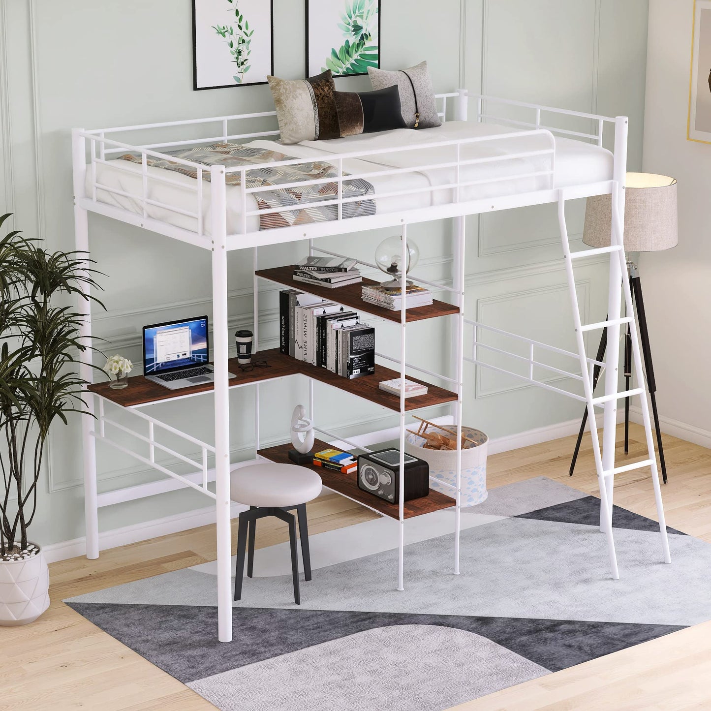 KELESY Twin Size Metal Loft Bed with Built-in Desk & Shelves, Space-Saving Design, Sturdy Construction, Easy Assembly for Kids & Teens