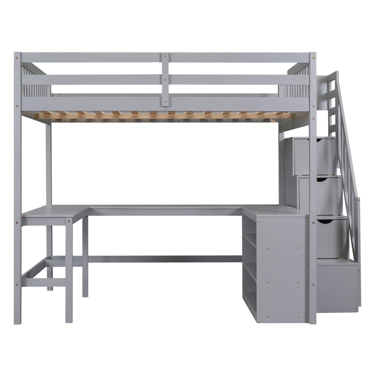 KELESY Full Size Loft Bed with Built-in L-Shaped Desk and Three-Tier Storage Shelves,and Attached Storage Staircase