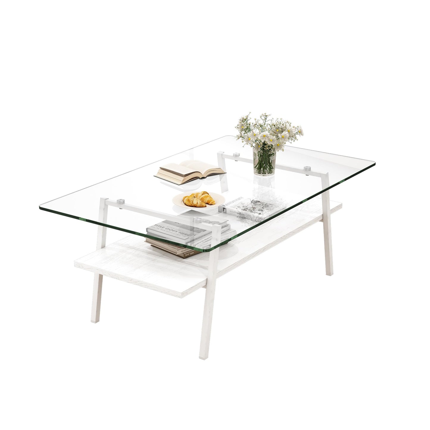 KELESY Modern Rectangle Coffee Table with Tempered Glass Top and Metal Legs - Stylish Living Room Tables for Elegance