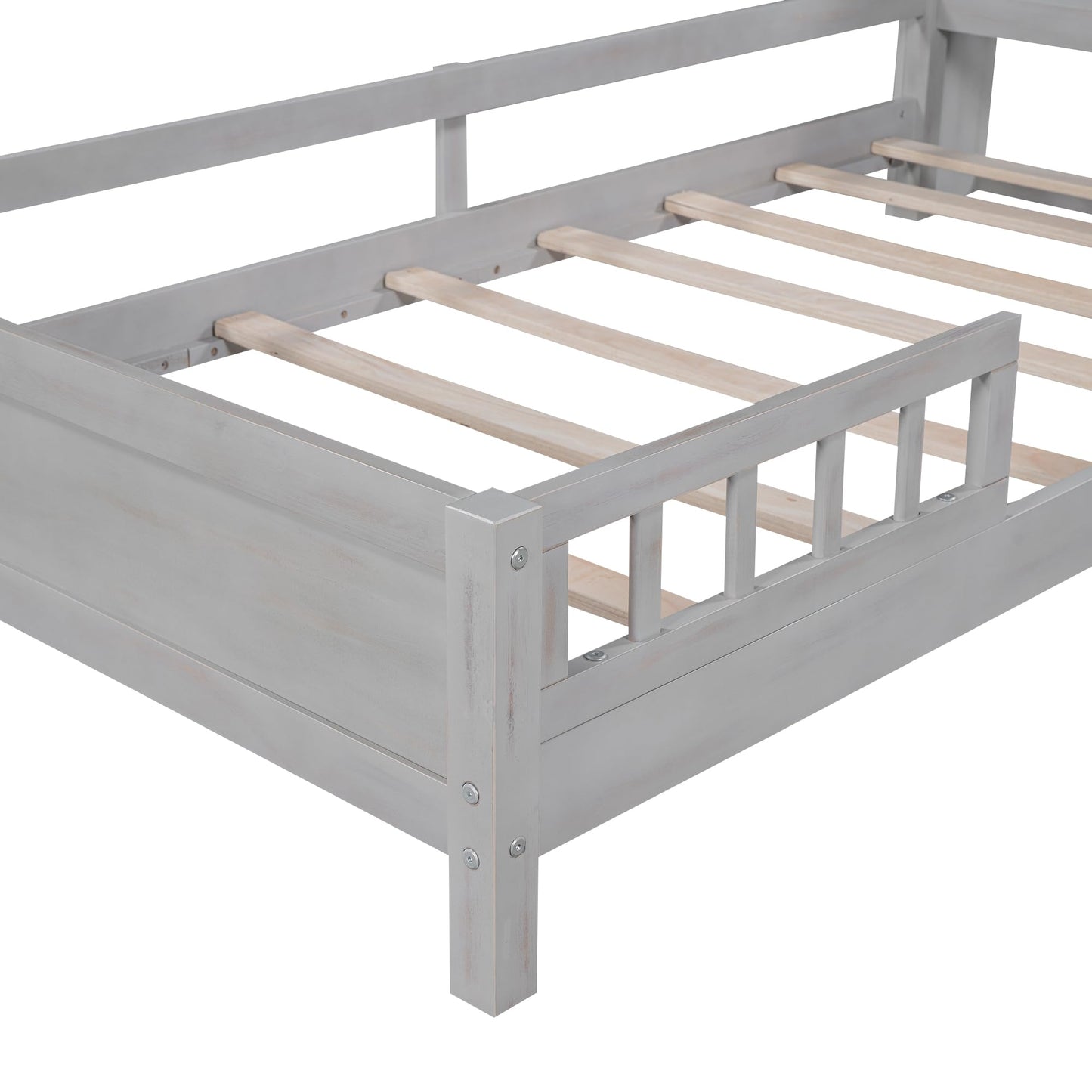 KELESY Bed Frame with Storage Headboard and Guardrail, LED Platform Bed Wood Frame, for Kids Teens Boys Girls, No Box Spring Needed, Easy Assembly