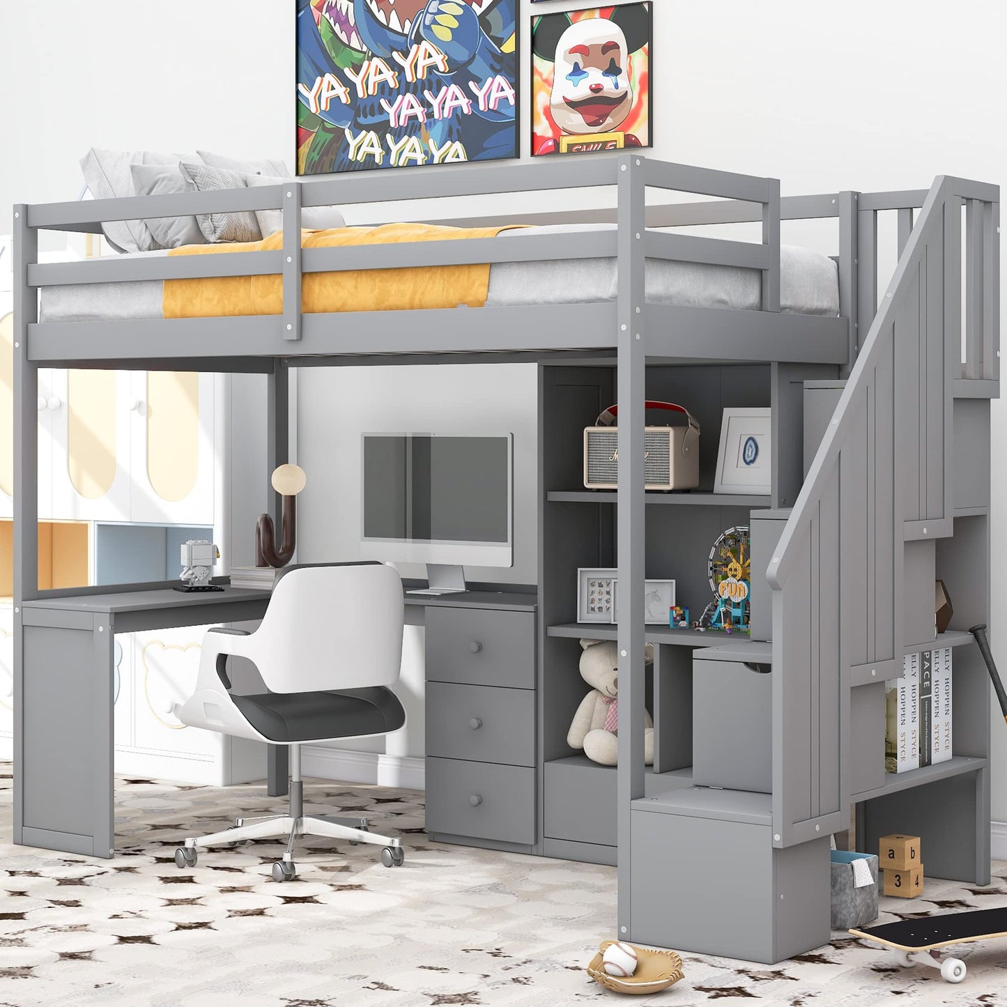 KELESY Twin Size Loft Bed with L-Shaped Desk and Drawers, Cabinet and Storage Staircase