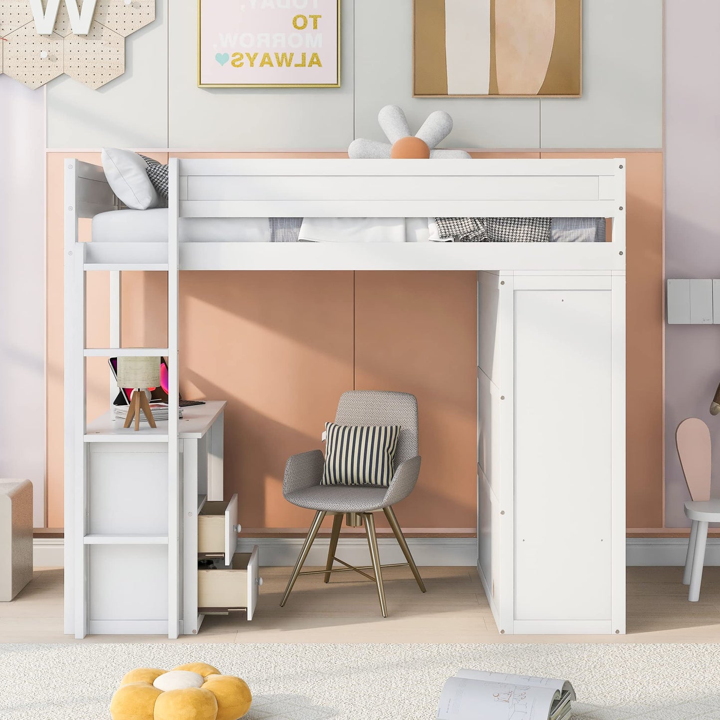 KELESY Wood Loft Bed with Desk, Wardrobe & Storage | Multi-Functional Loft Bed Frame for Adults & Teens