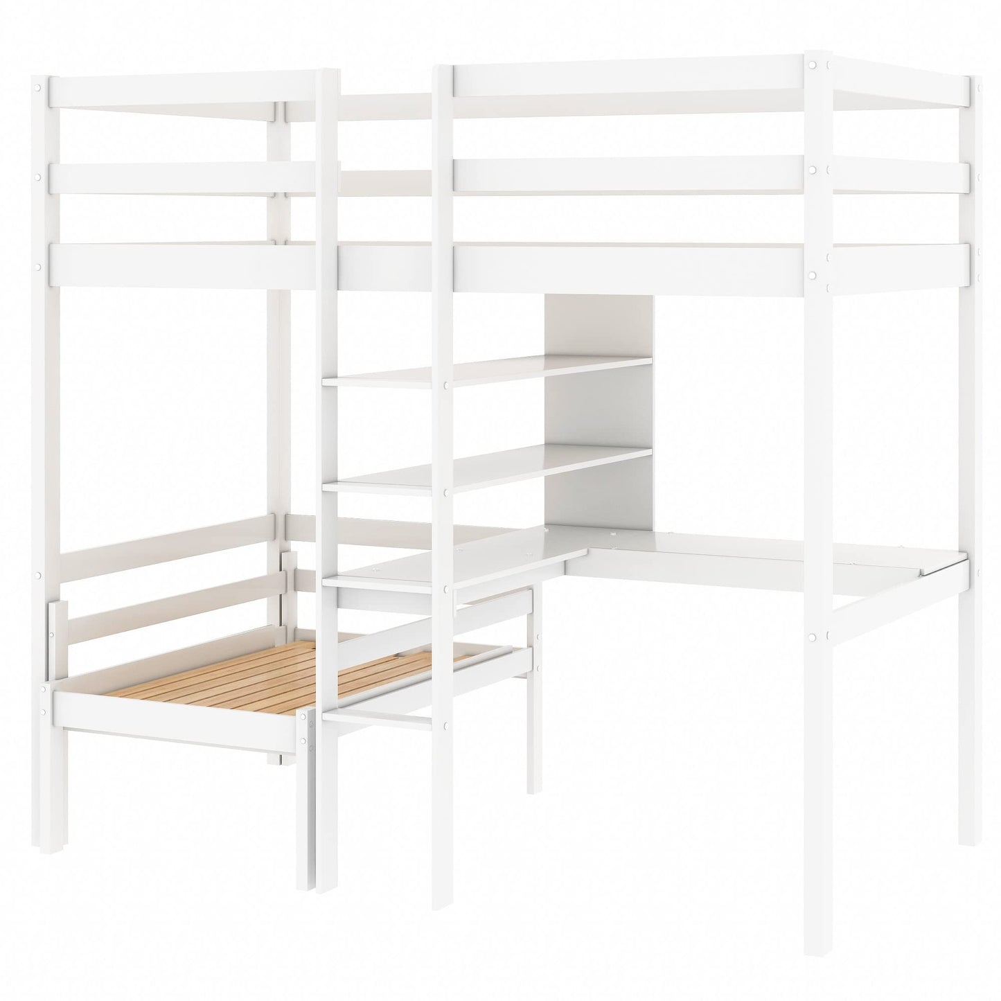 KELESY Convertible Loft Bed with L-Shape Desk, Twin Bunk Bed with Shelves and Ladder, White