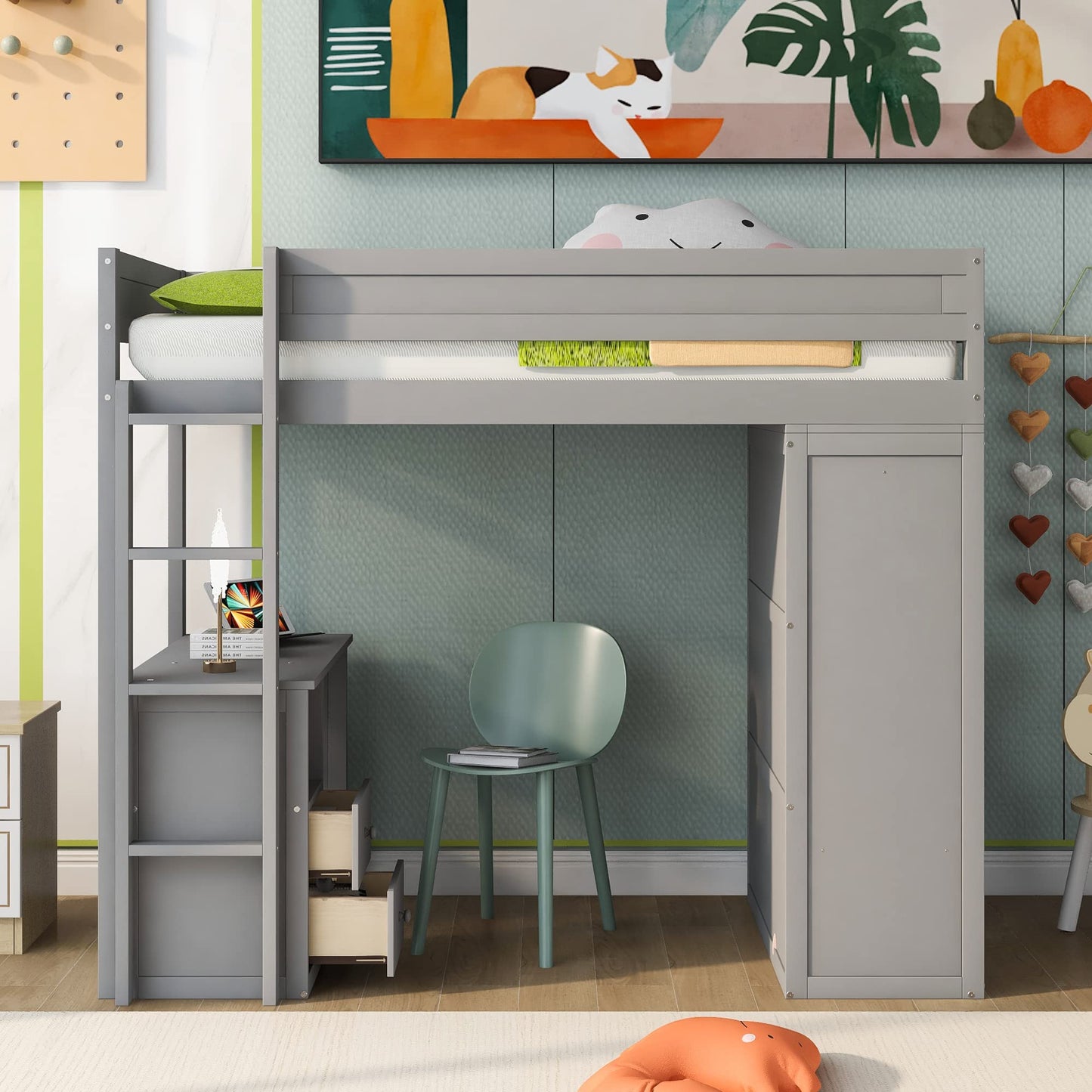 KELESY Wood Loft Bed with Desk, Wardrobe & Storage | Multi-Functional Loft Bed Frame for Adults & Teens