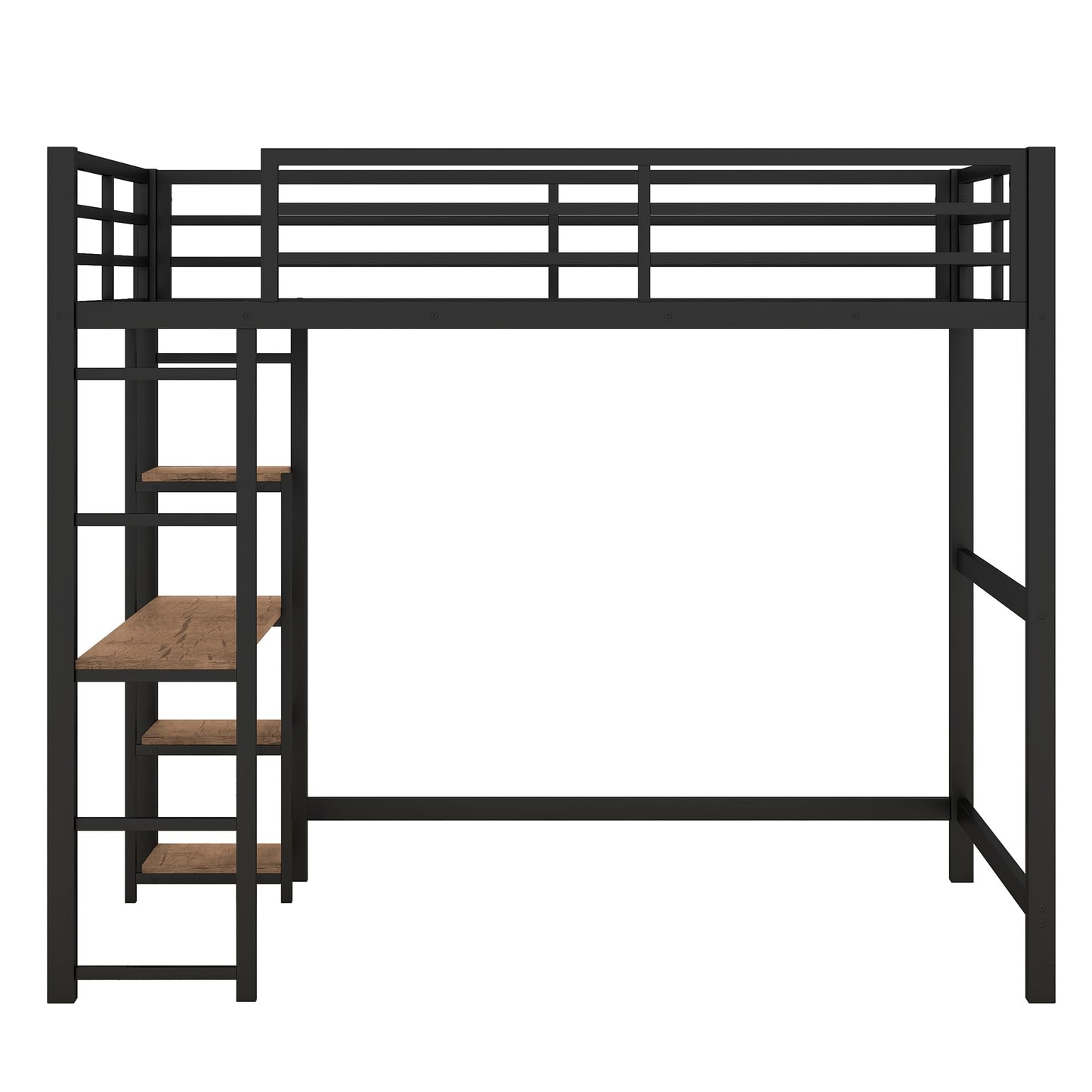 KELESY Full Size Metal Loft Bed with Built-in Desk and Storage Shelves, Black