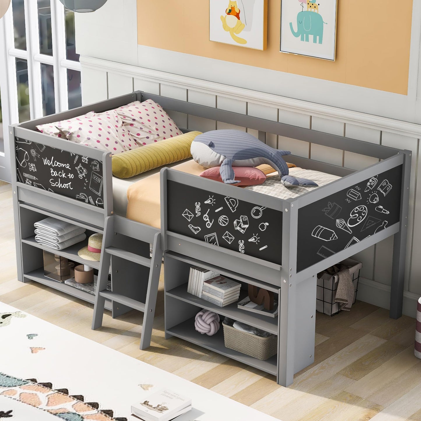 KELESY Twin Size Low Loft Bed with Two Movable Shelves and Ladder,with Decorative Guardrail Chalkboard, No Box Spring Needed, Easy Assembly