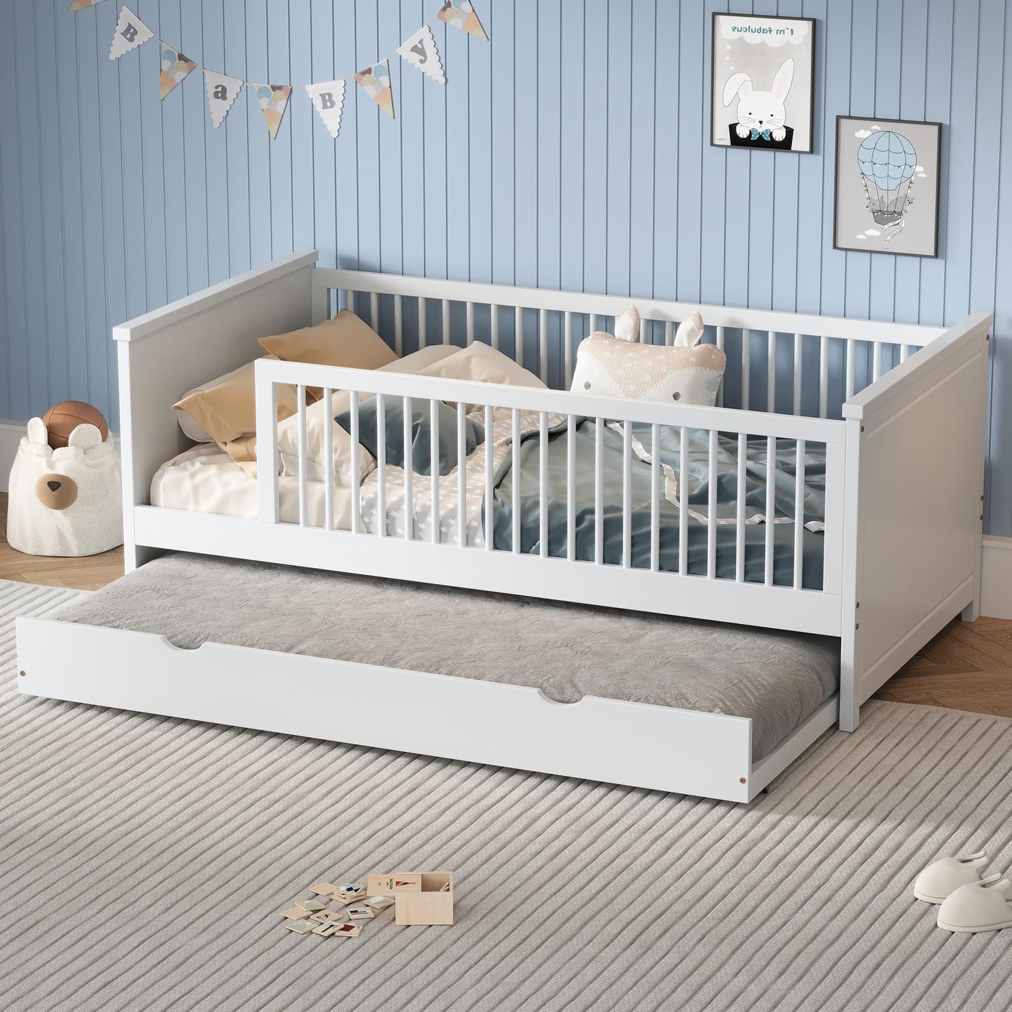 KELESY Wood Twin Size Platform Bed with Guardrail and Trundle, Daybed Frame with Trundle for Kids, Toddler, Boys, Girls