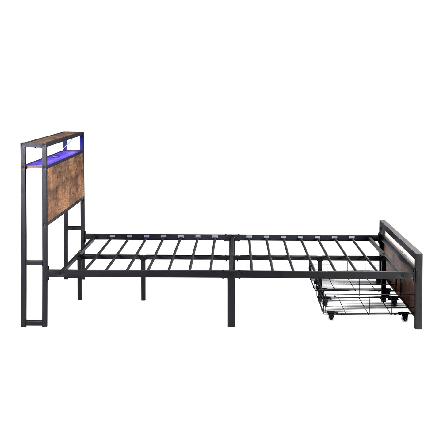 KELESY Bed Frame with Storage Headboard and 2 Drawers & Charging Station, Metal Platform Bed No Noise, Mattress Foundation Strong Metal Slats Support No Box Spring Needed