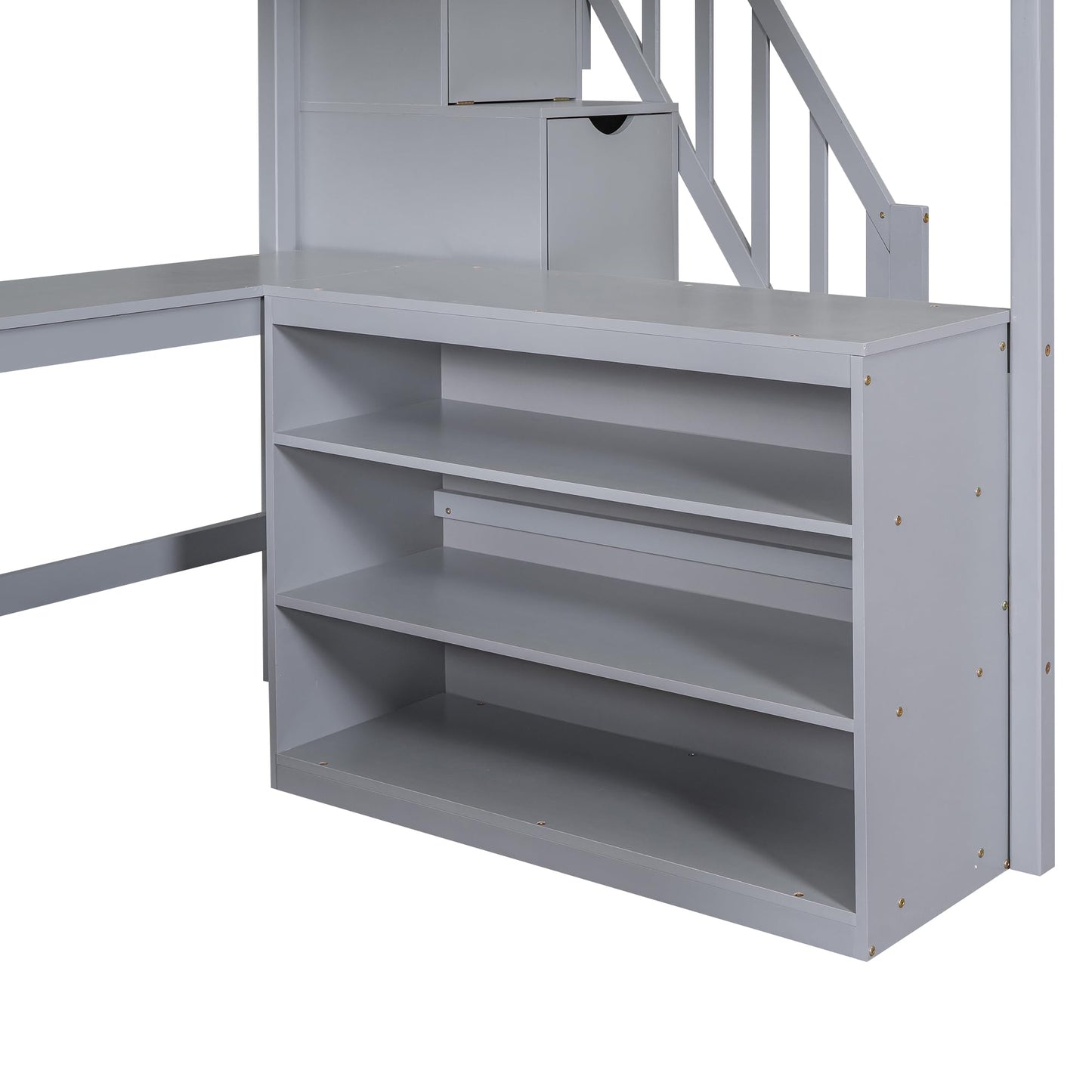 KELESY Full Size Loft Bed with Built-in L-Shaped Desk and Three-Tier Storage Shelves,and Attached Storage Staircase