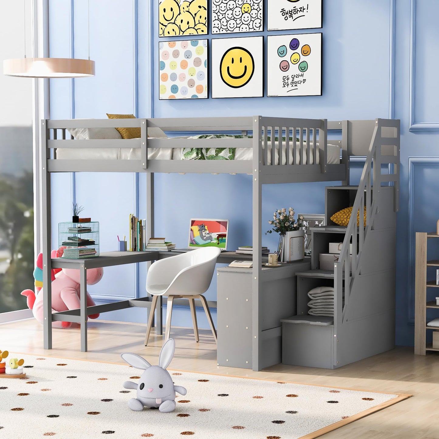 KELESY Full Size Loft Bed with Built-in L-Shaped Desk and Three-Tier Storage Shelves,and Attached Storage Staircase