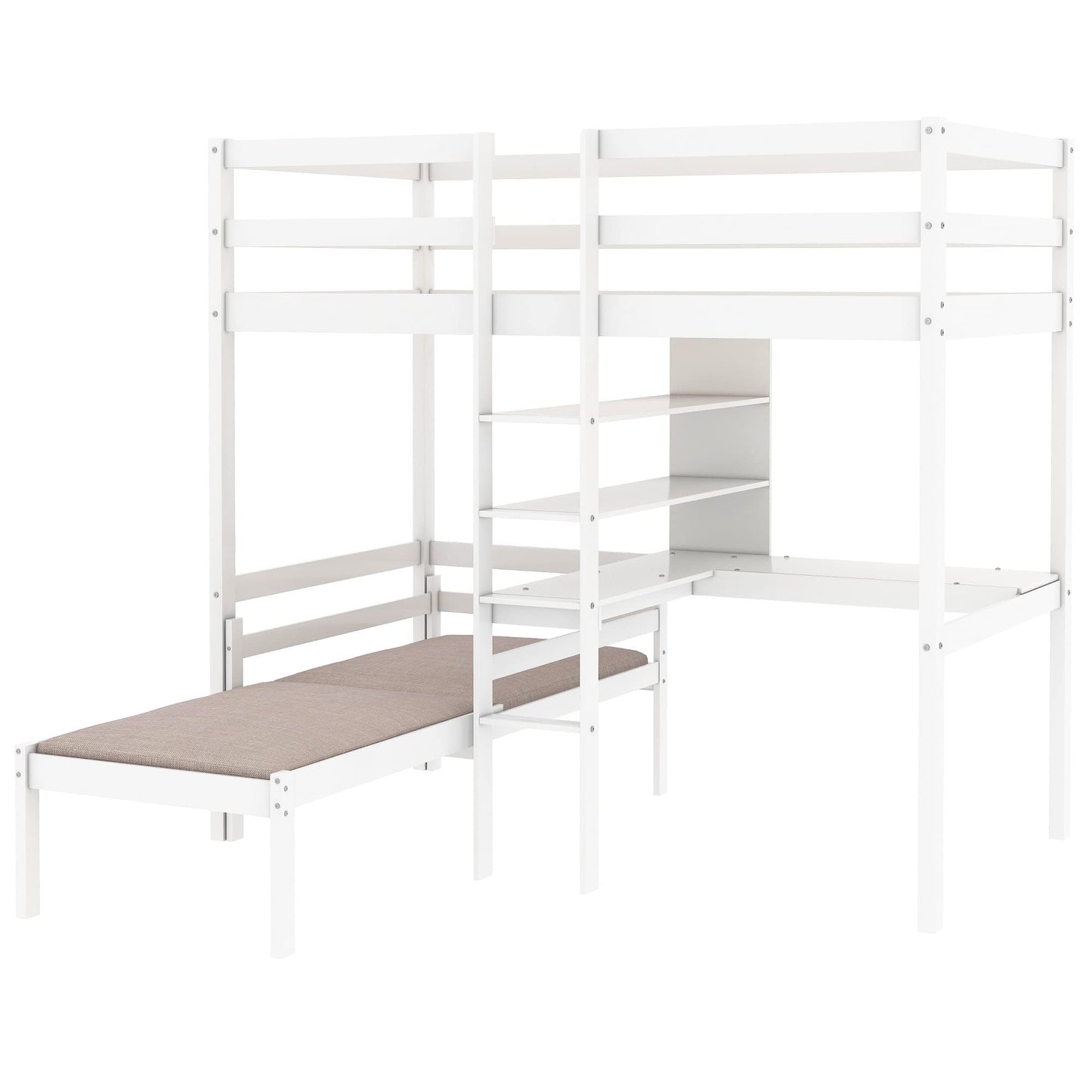 KELESY Convertible Loft Bed with L-Shape Desk, Twin Bunk Bed with Shelves and Ladder, White