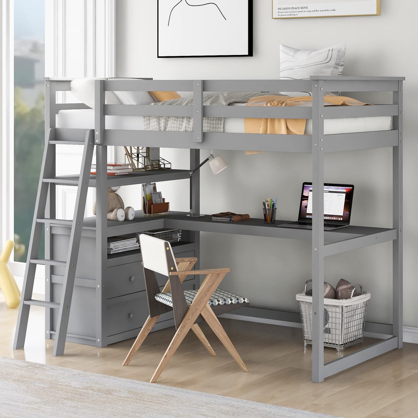 KELESY Loft Bed with Desk and Shelves, Solid Pine Wood Loft Bed with Two Built-in Drawers, Modern Style for Adults and Teens
