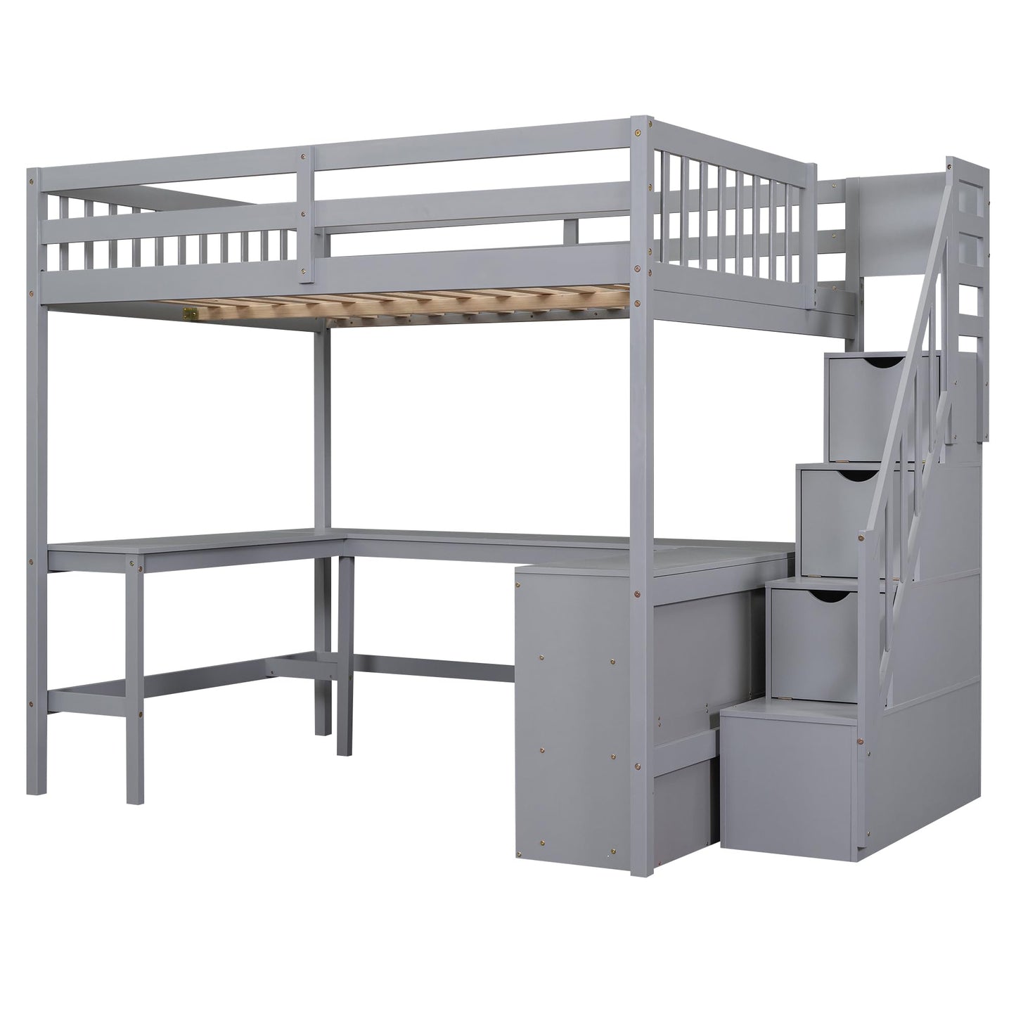 KELESY Full Size Loft Bed with Built-in L-Shaped Desk and Three-Tier Storage Shelves,and Attached Storage Staircase