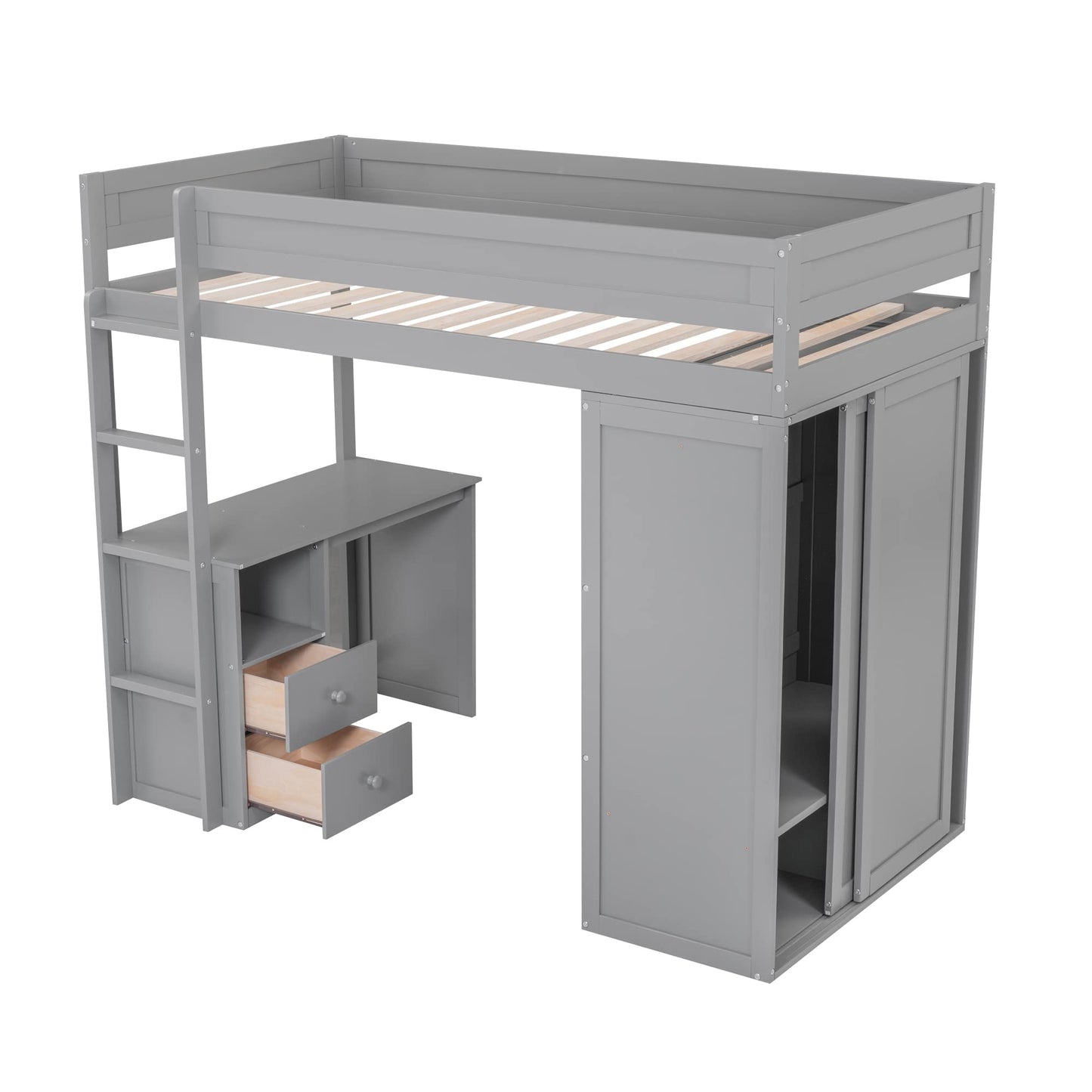 KELESY Wood Loft Bed with Desk, Wardrobe & Storage | Multi-Functional Loft Bed Frame for Adults & Teens