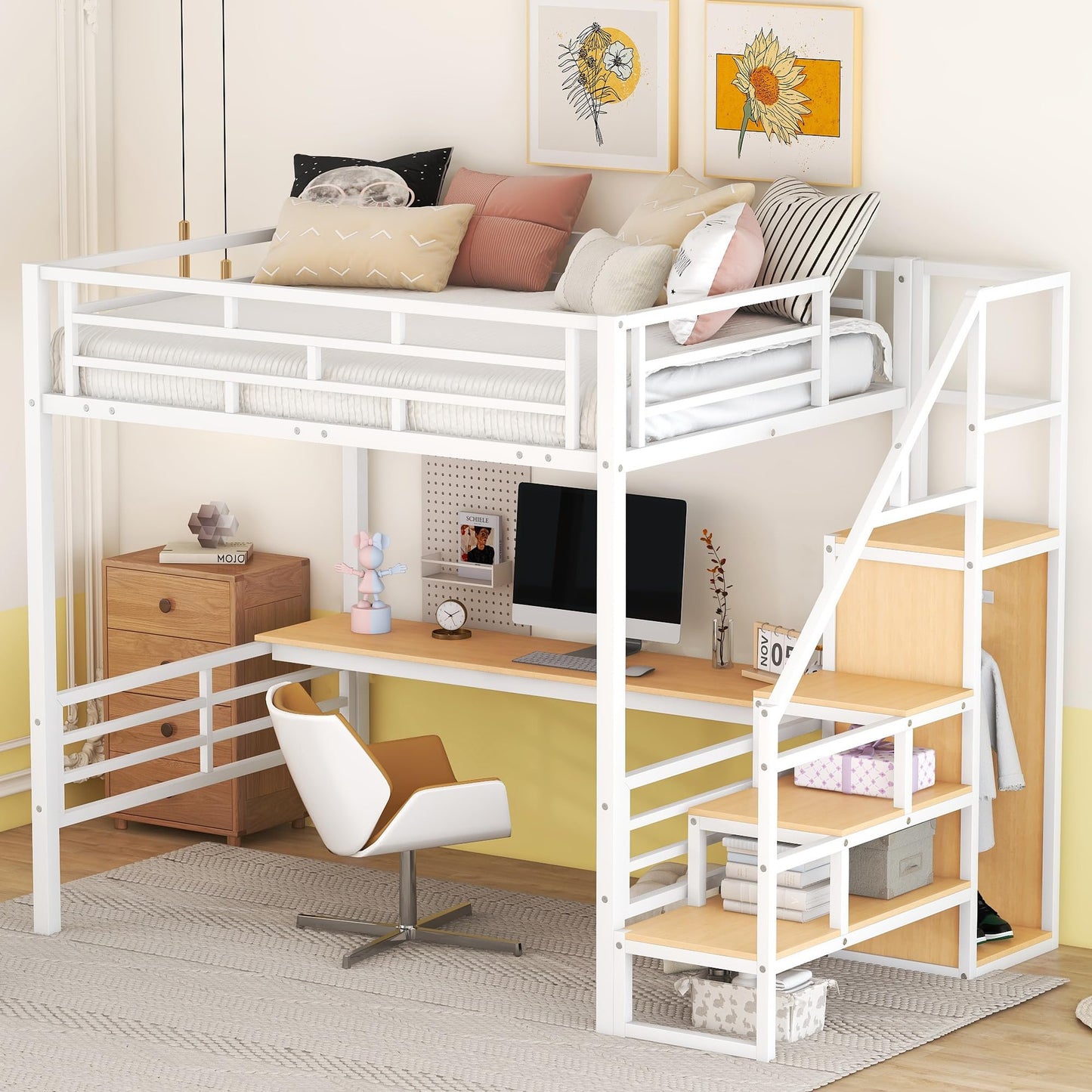 KELESY Full Size Metal Loft Bed with Desk, Storage Staircase and Small Wardrobe, Storage Stairs Can Be Installed Left and Right