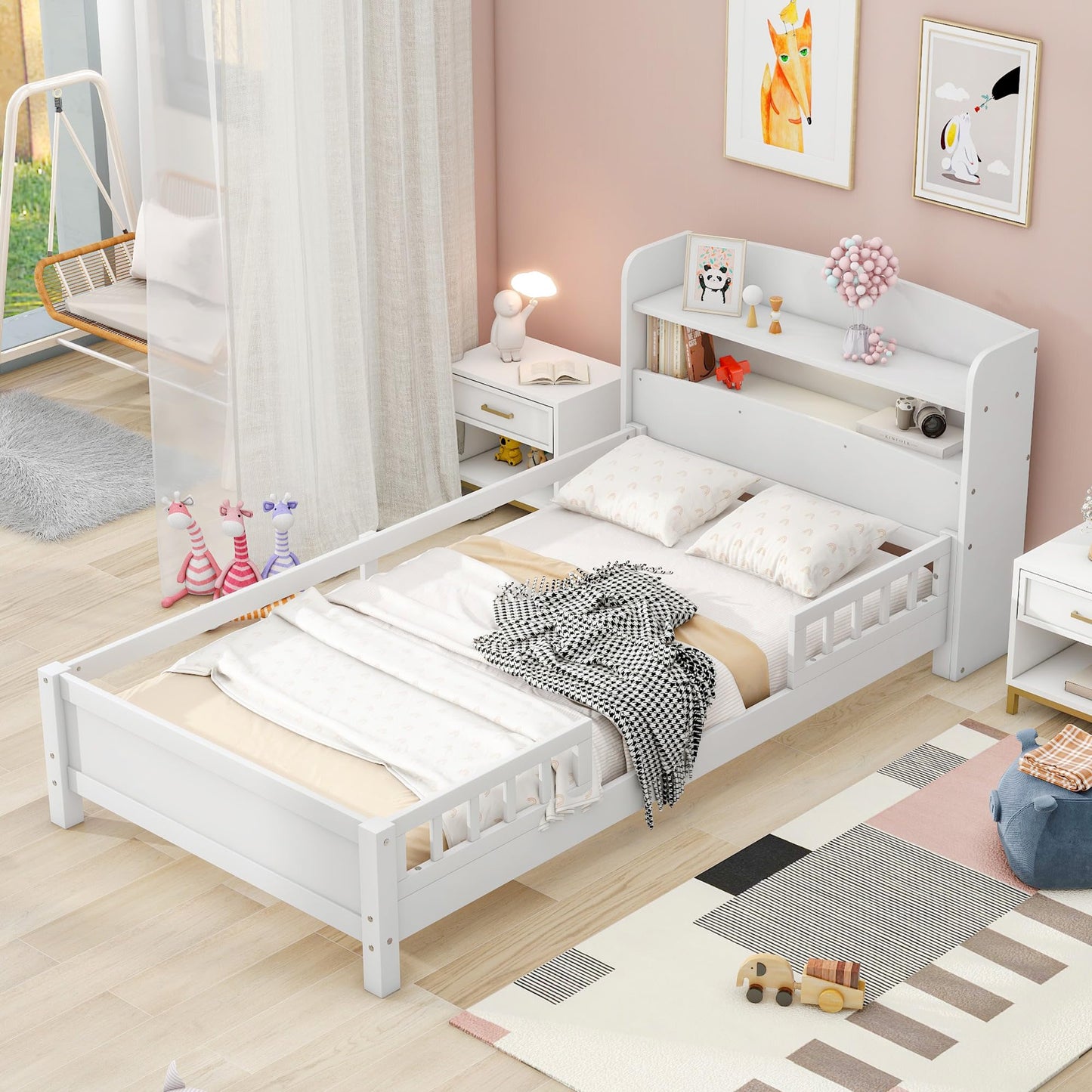 KELESY Bed Frame with Storage Headboard and Guardrail, LED Platform Bed Wood Frame, for Kids Teens Boys Girls, No Box Spring Needed, Easy Assembly