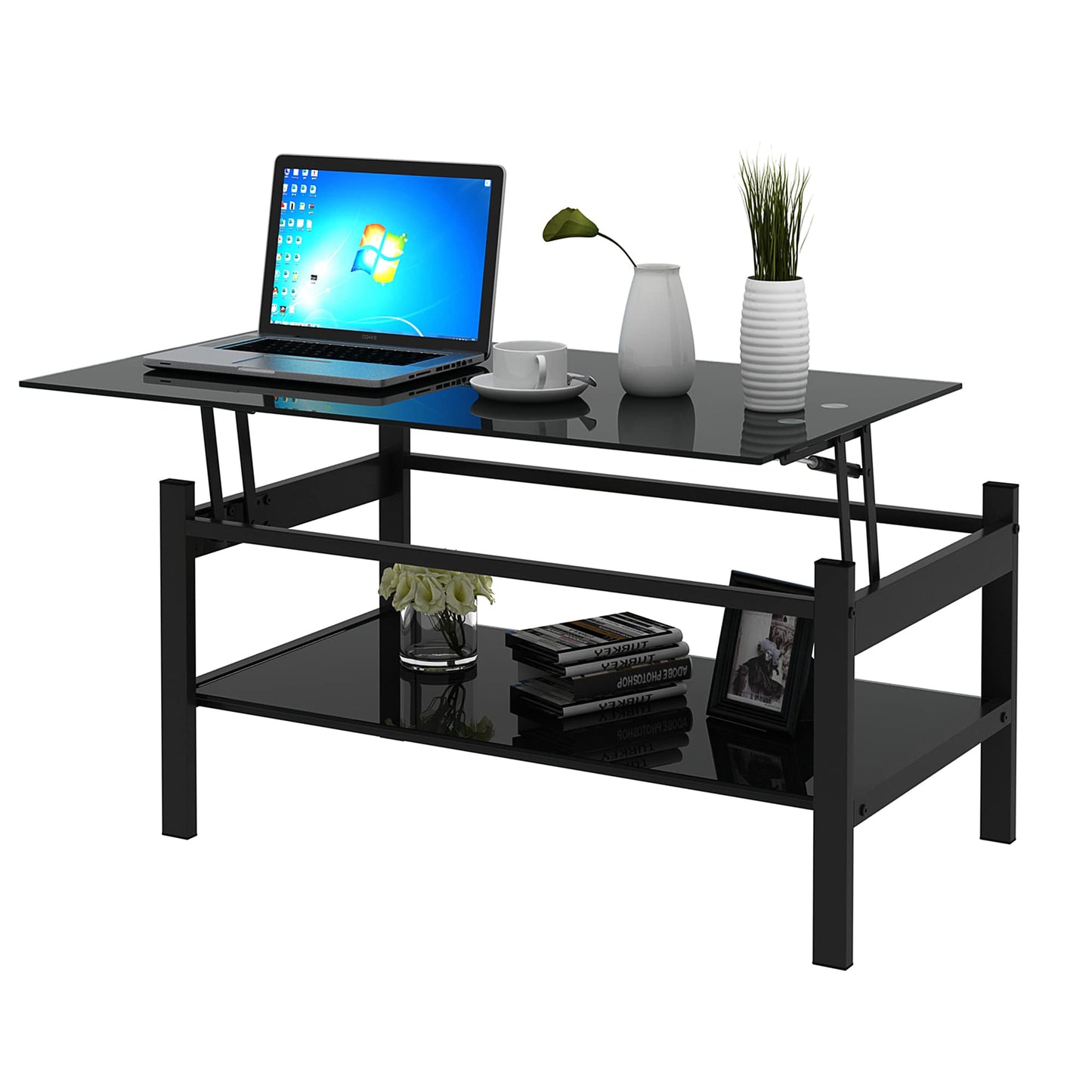 KELESY Glass Lift-Top Coffee Table, Modern Simple 2-Layer Tempered Glass Coffee Table for Living Room, Black