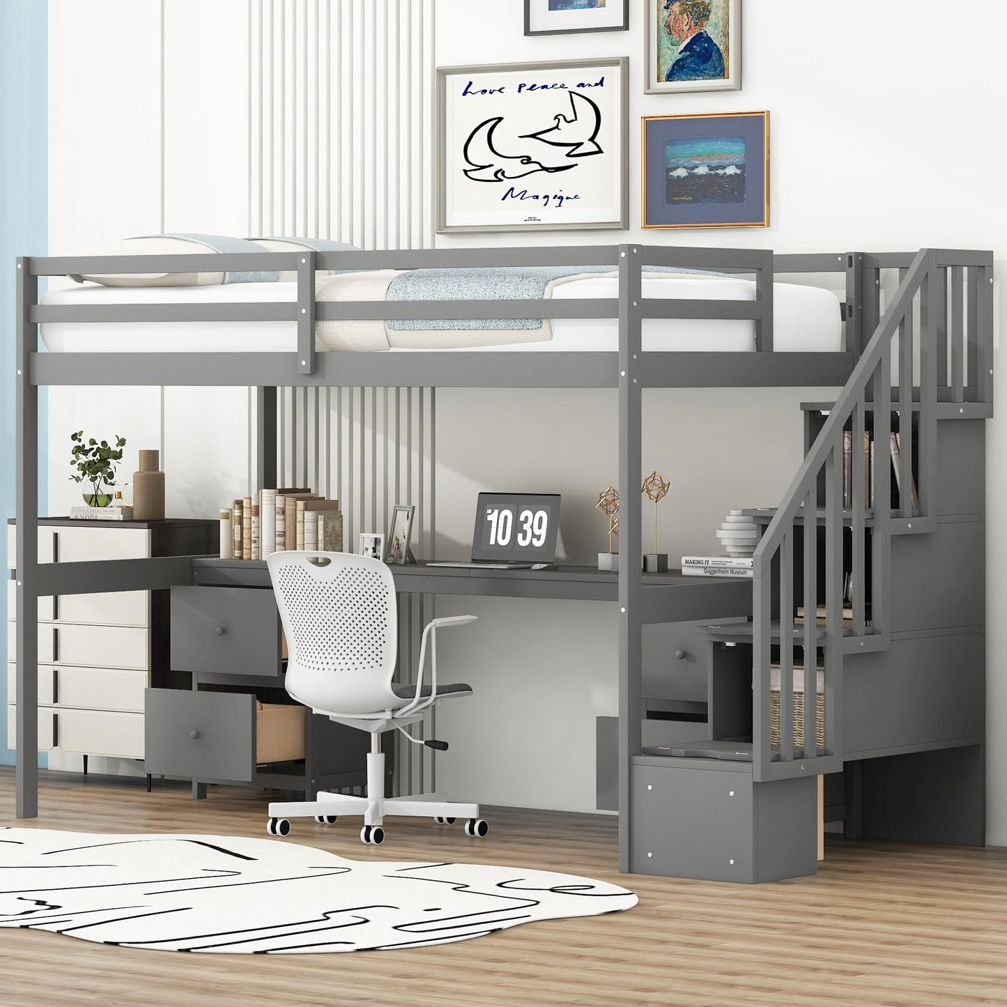KELESY Twin Size Loft Bed Frame with Built-in Desk and Double Storage Drawers - Space-Saving Multifunctional Design for Small Rooms