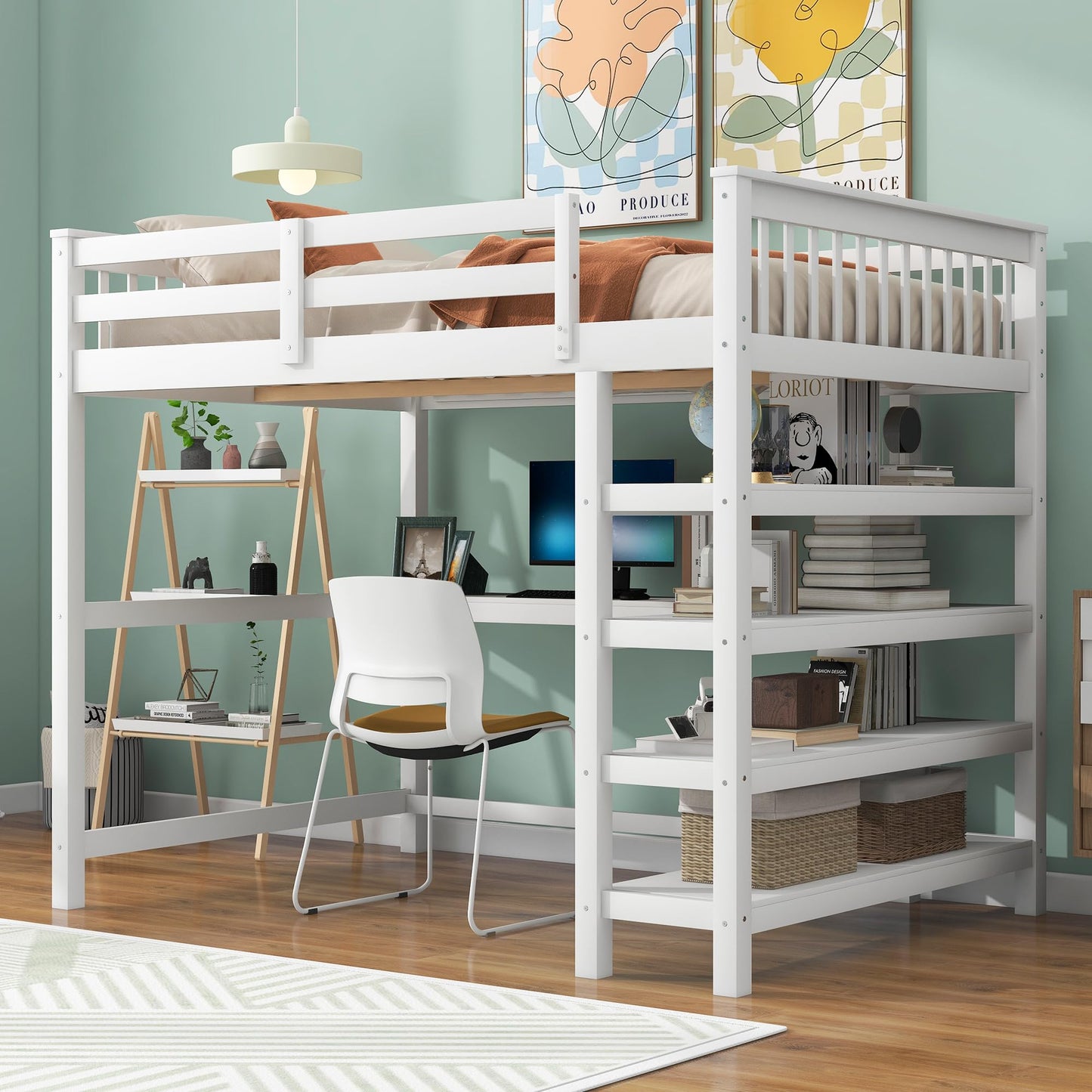 Loft Bed with Desk and Storage Shelves, Solid Wood and MDF Space-Saving Design, Durable Elevated Bed Frame for Adults and Kids