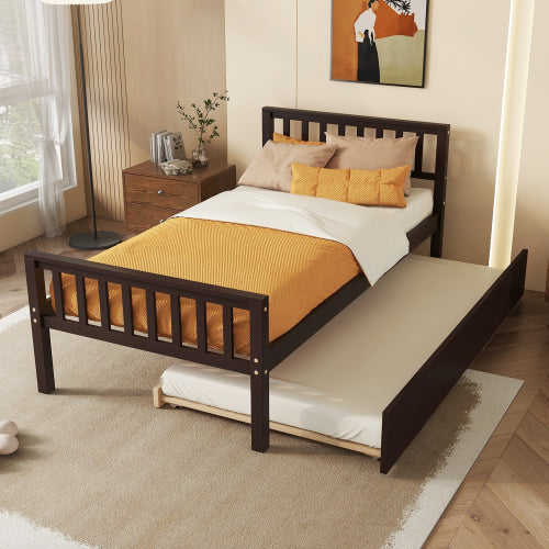 Twin Bed with Trundle, Platform Bed Frame with Headboard and Footboard for Bedroom Small Living Space, No Box Spring Needed