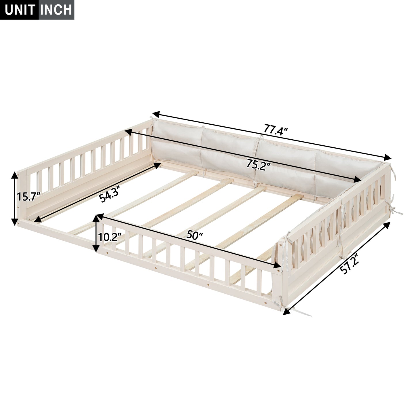 Full Size Floor Bed with Guardrail, Full Upholstered Platform Bed Frame for Kids, Boys Girls, Slats Included, No Box Spring Needed, Easy Assemble
