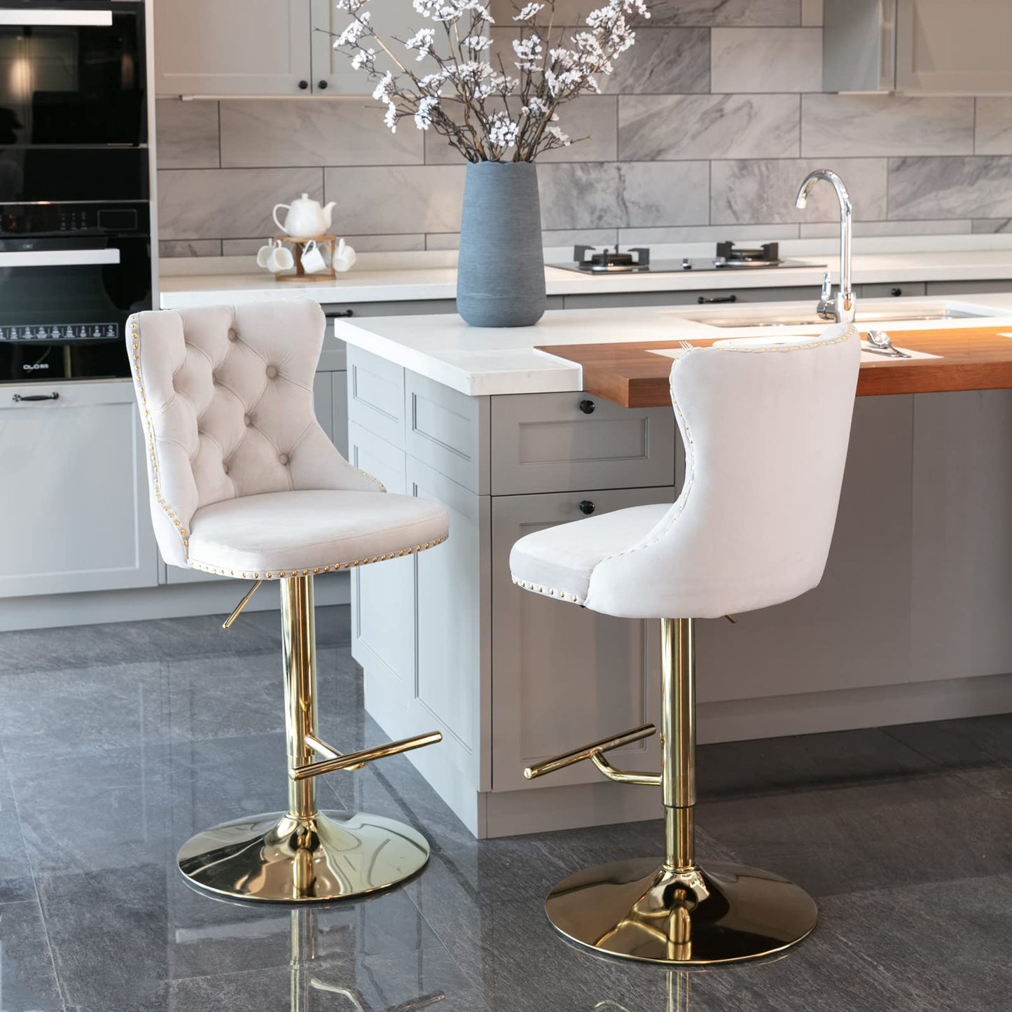 KELESY Golden Swivel Velvet Barstools Adjusatble Seat Height from 25-33 Inch,Modern Upholstered Bar Stools with Backs Comfortable Tufted for Home Pub and Kitchen Island,Set of 2