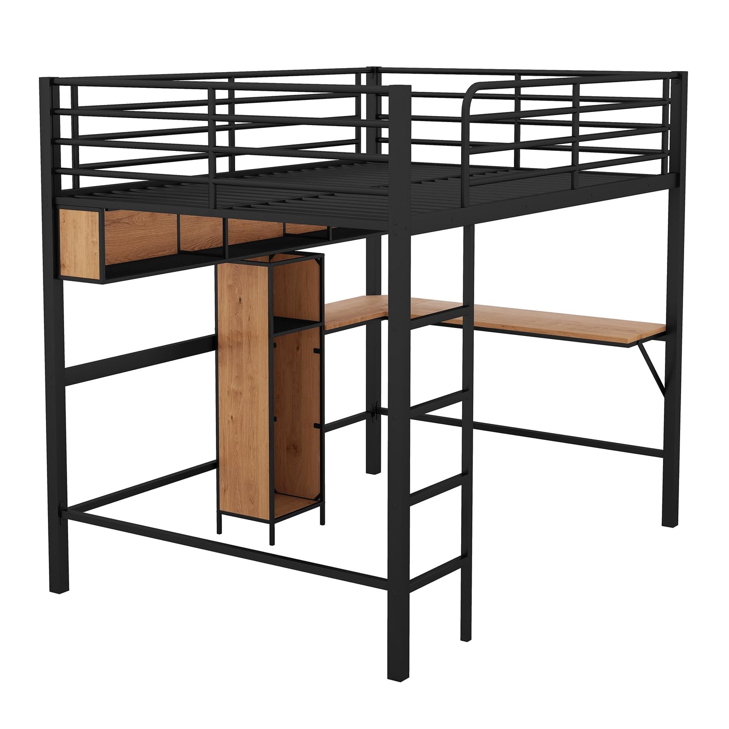 KELESY Full Size Metal & Wood Loft Bed with L -Shaped Desk and Shelves, Black and Brown
