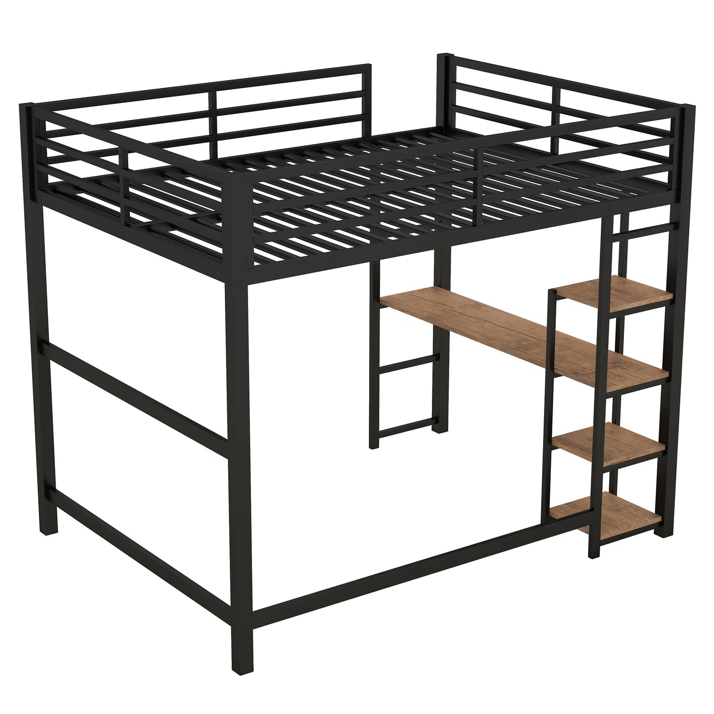 KELESY Full Size Metal Loft Bed with Built-in Desk and Storage Shelves, Black
