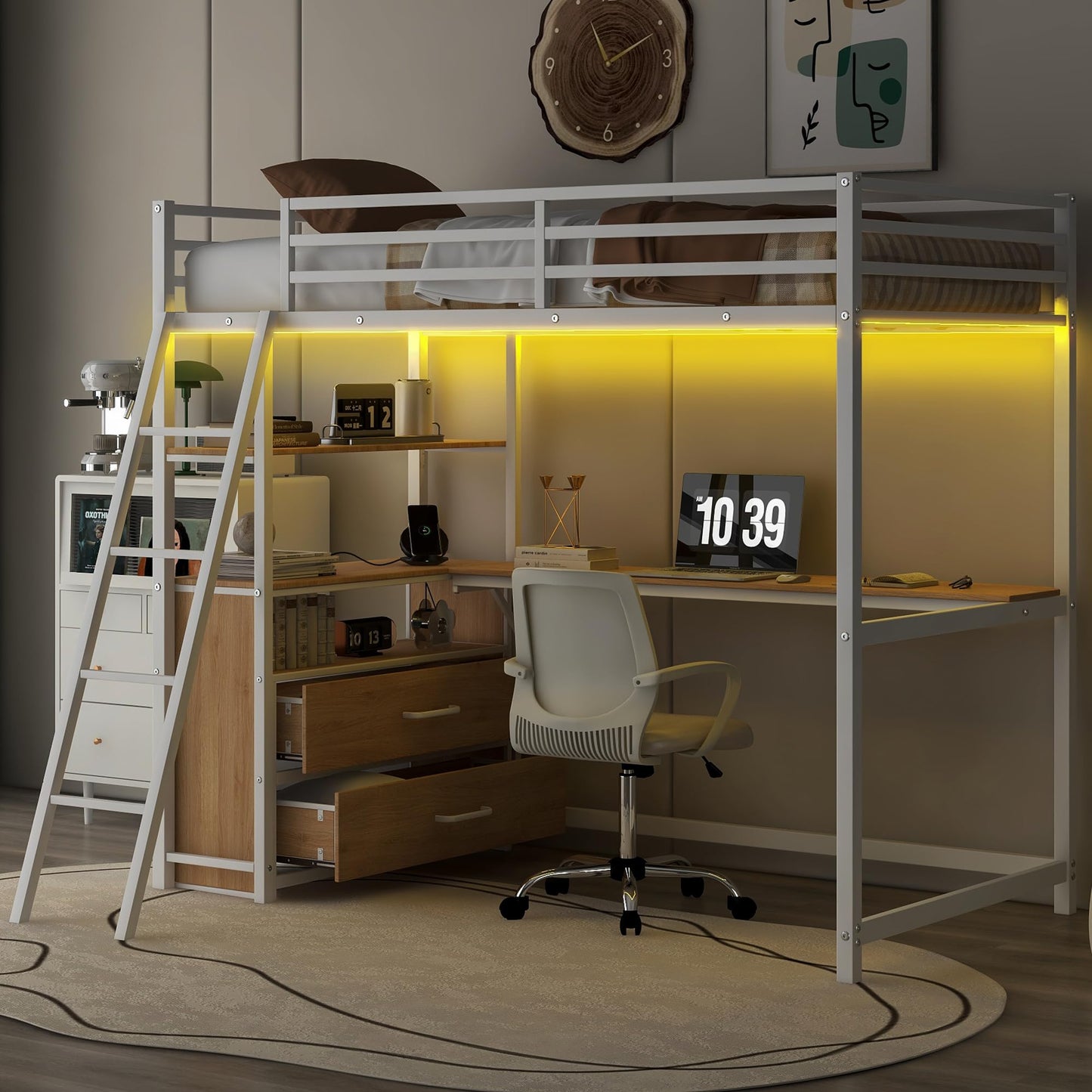 KELESY Twin Size Metal & Wood Loft Bed with Desk, Shelves, Drawers, LED Light, and USB Charging Station