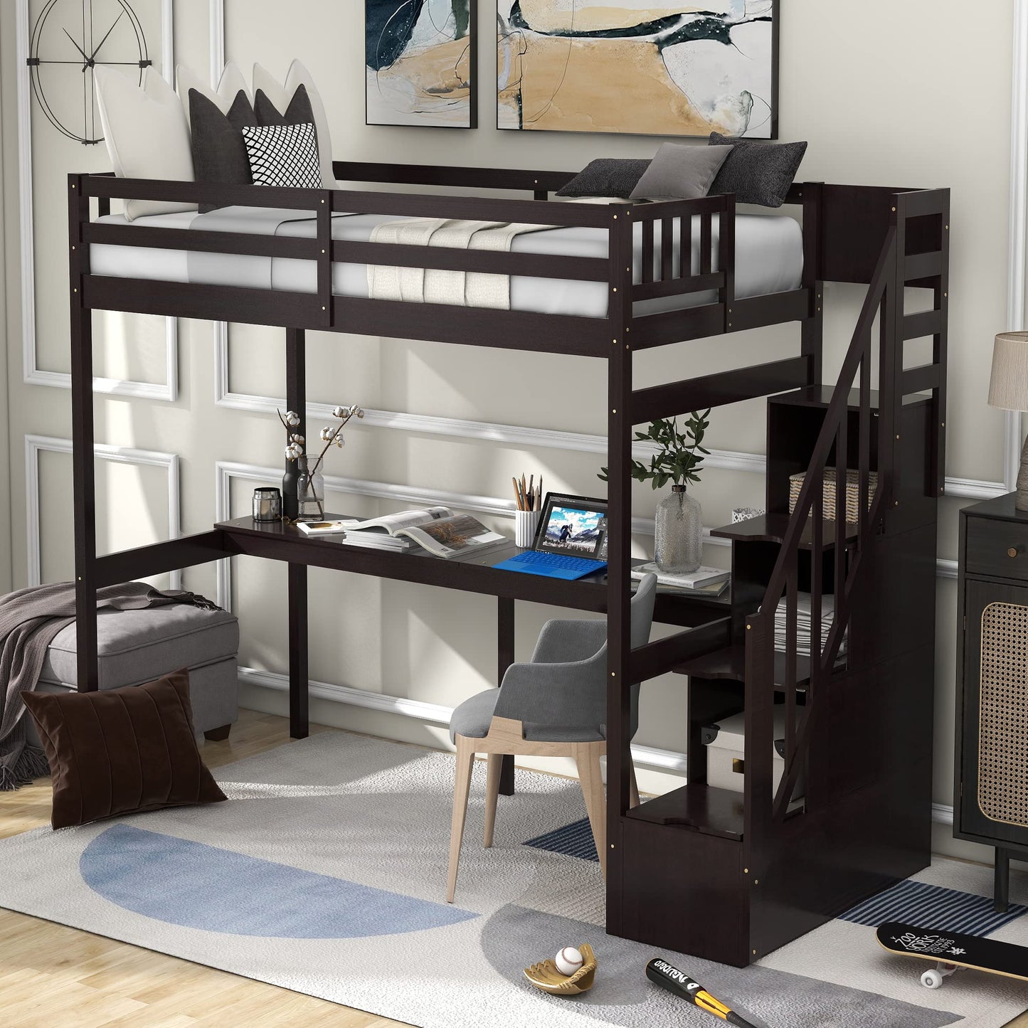 KELESY Twin Size Loft Bed with Storage Staircase and Built-in Desk, Pine Wood Space-Saving Loft Bed Frame for Kids & Adults, Elevated Bed with Guardrails, No Box Spring Needed
